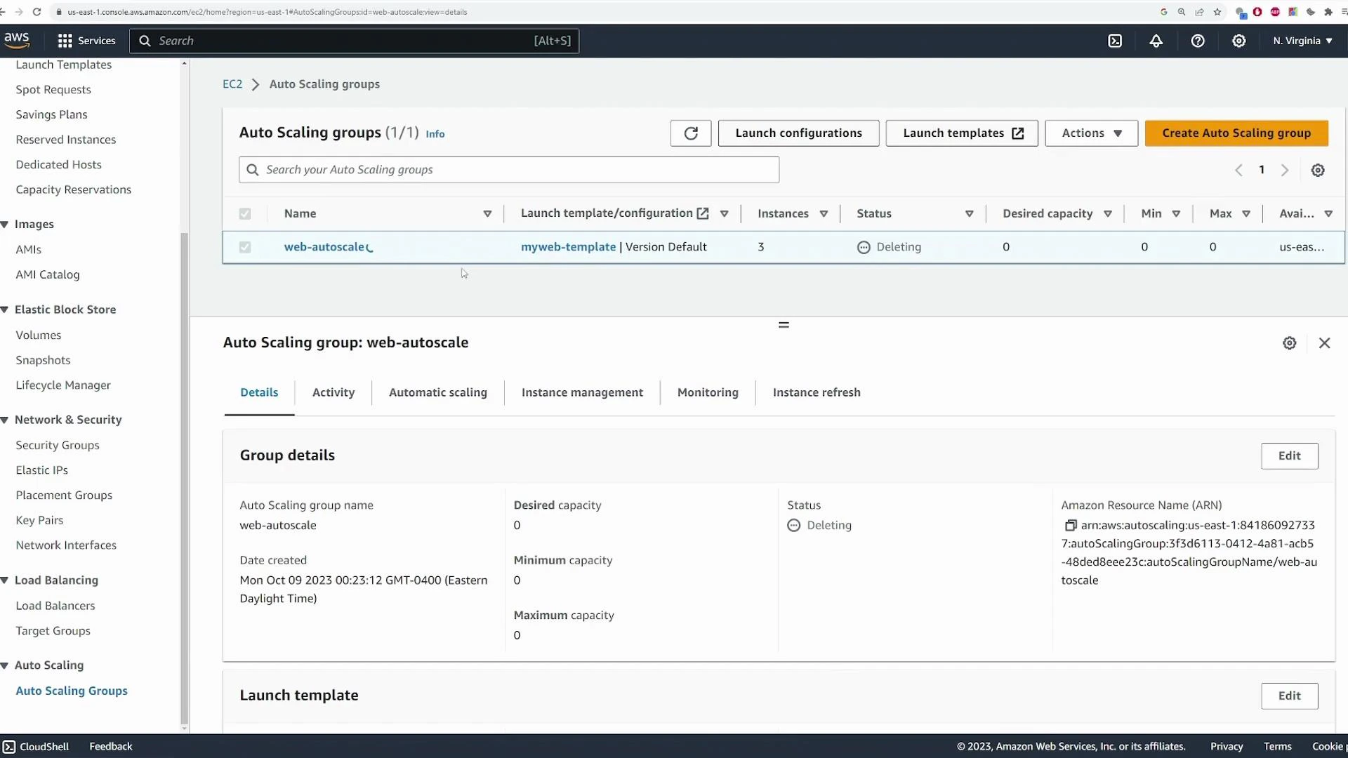 A screenshot of the AWS EC2 Auto Scaling Groups console showing an Auto Scaling group named "web-autoscale." The group uses the "myweb-template", shows 3 instances but a Desired/Min/Max capacity of 0 and is marked "Deleting."
