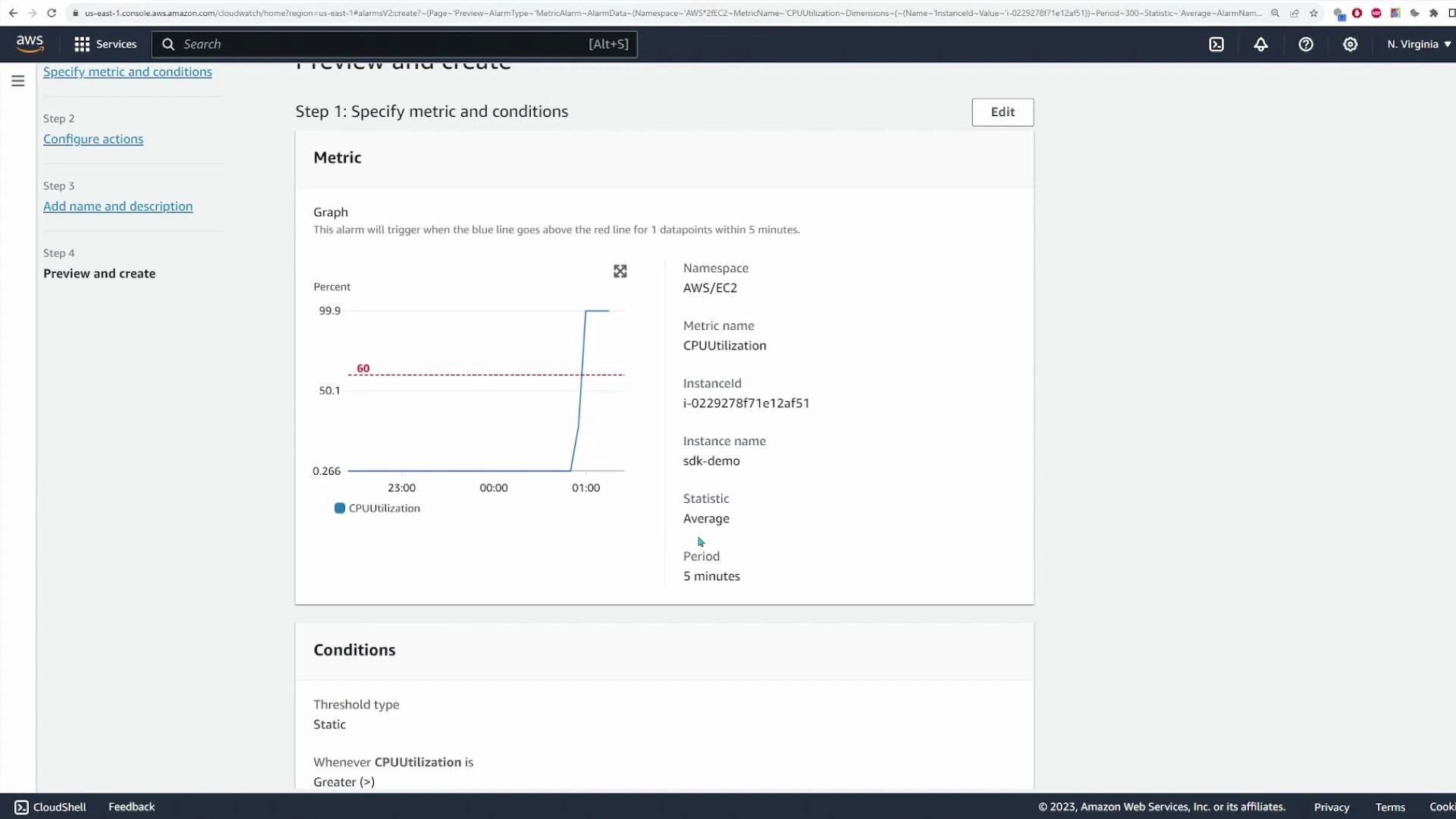 A screenshot of the AWS CloudWatch "Preview and create" alarm page showing a CPUUtilization graph with a blue line spiking above a red threshold. The right panel lists metric details (Namespace: AWS/EC2, Metric name: CPUUtilization, instance ID and other settings) and the left shows the step navigation.