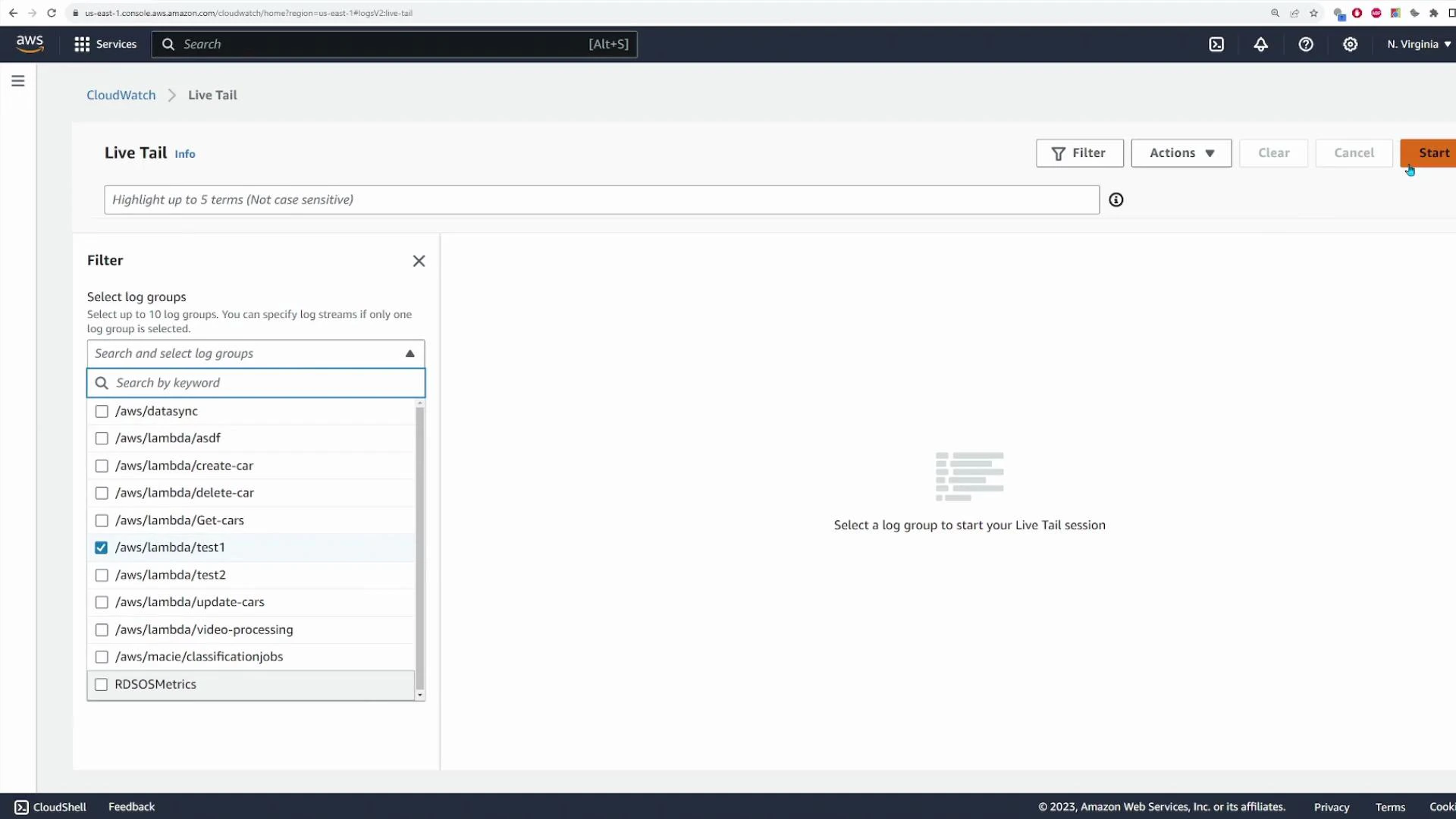 A screenshot of the AWS CloudWatch "Live Tail" console showing the Filter pane with a list of log groups (for example /aws/lambda/test1 is checked). The main area prompts to select a log group to start a live tail session and shows controls like Filter, Actions, and Start.