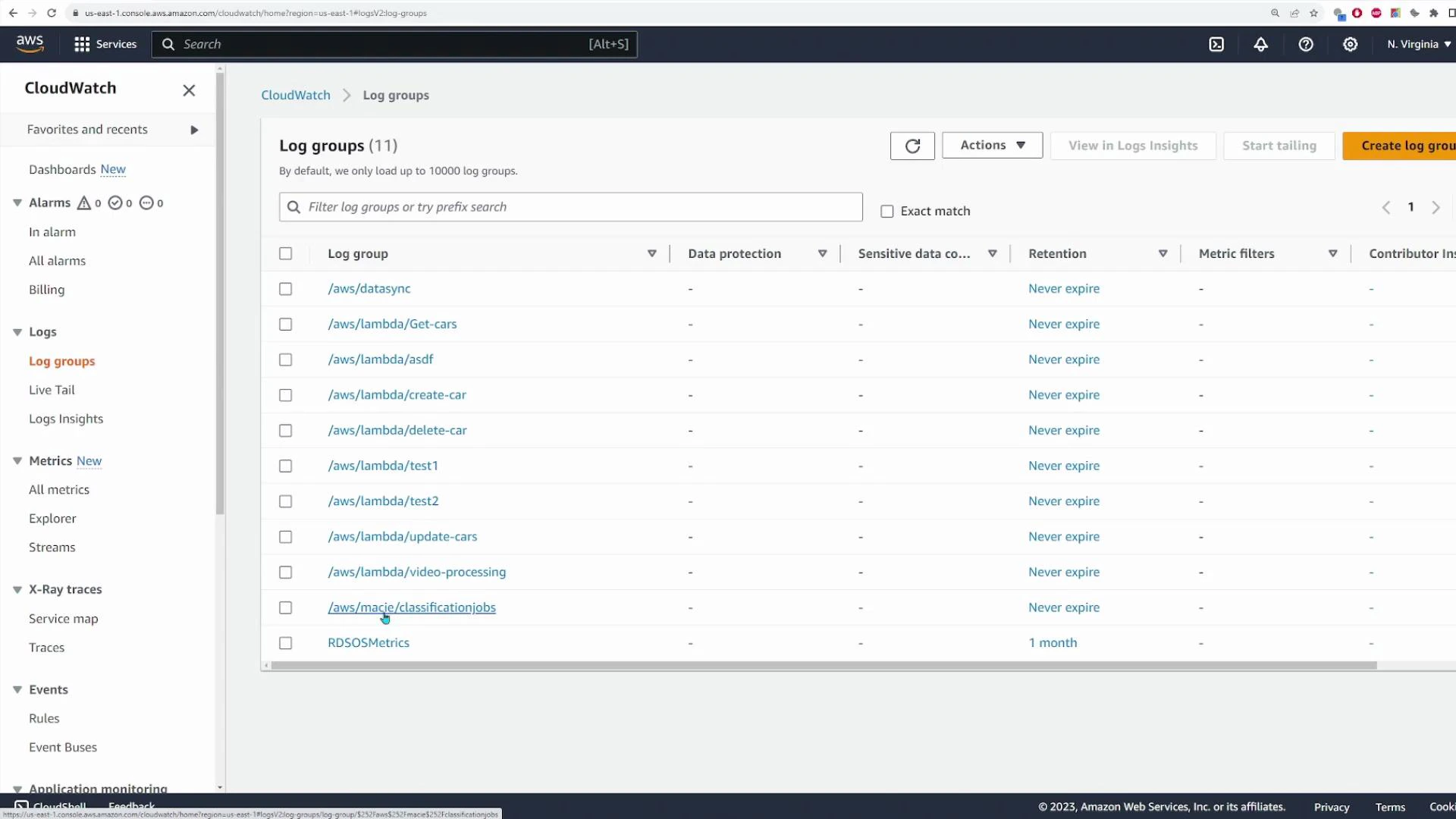 A screenshot of the AWS CloudWatch console open to the "Log groups" page, listing multiple log groups (mostly /aws/lambda/* entries such as Get-cars, create-car, delete-car). The table shows columns like Retention (many set to "Never expire") and a left navigation pane with CloudWatch options.