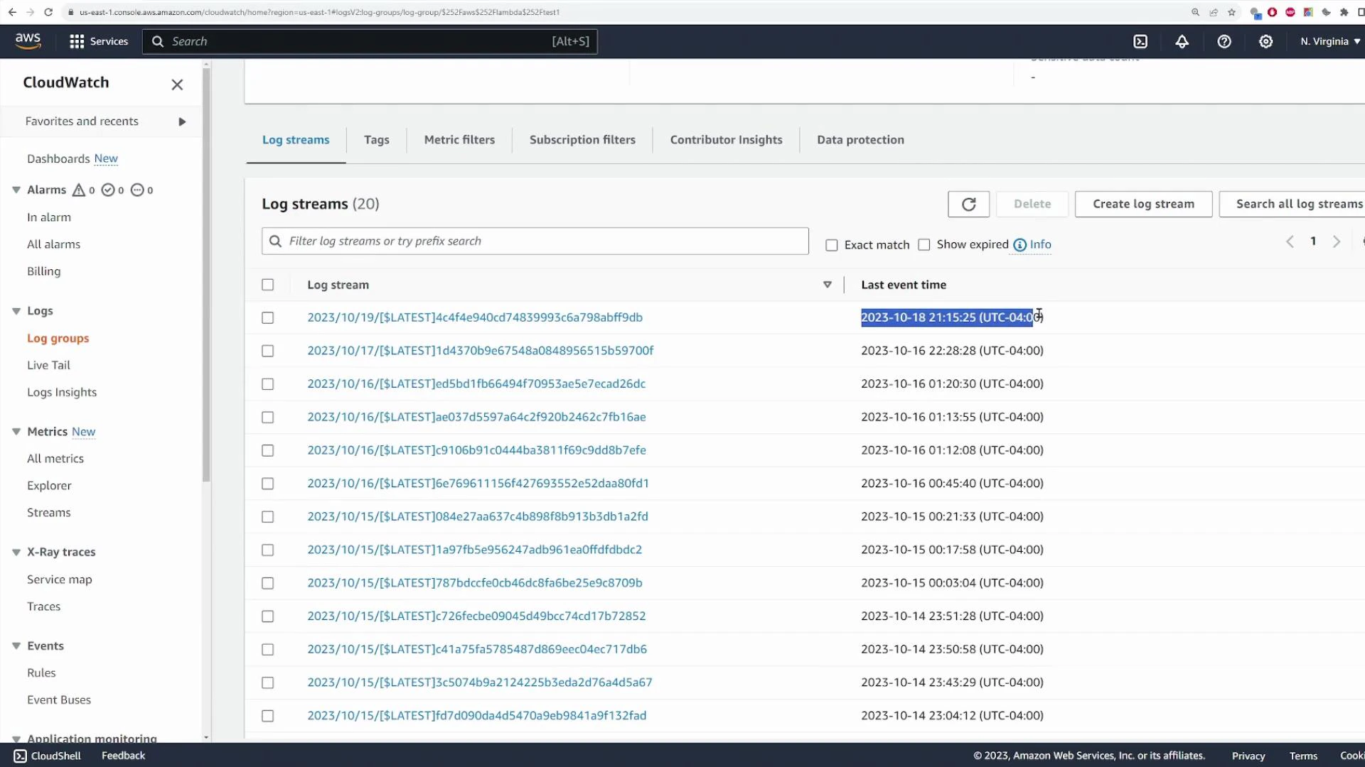 A screenshot of the AWS CloudWatch web console showing the "Log streams" view with a list of log stream names and their last event timestamps. The left sidebar displays navigation items like Log groups, Metrics, and X‑Ray traces.