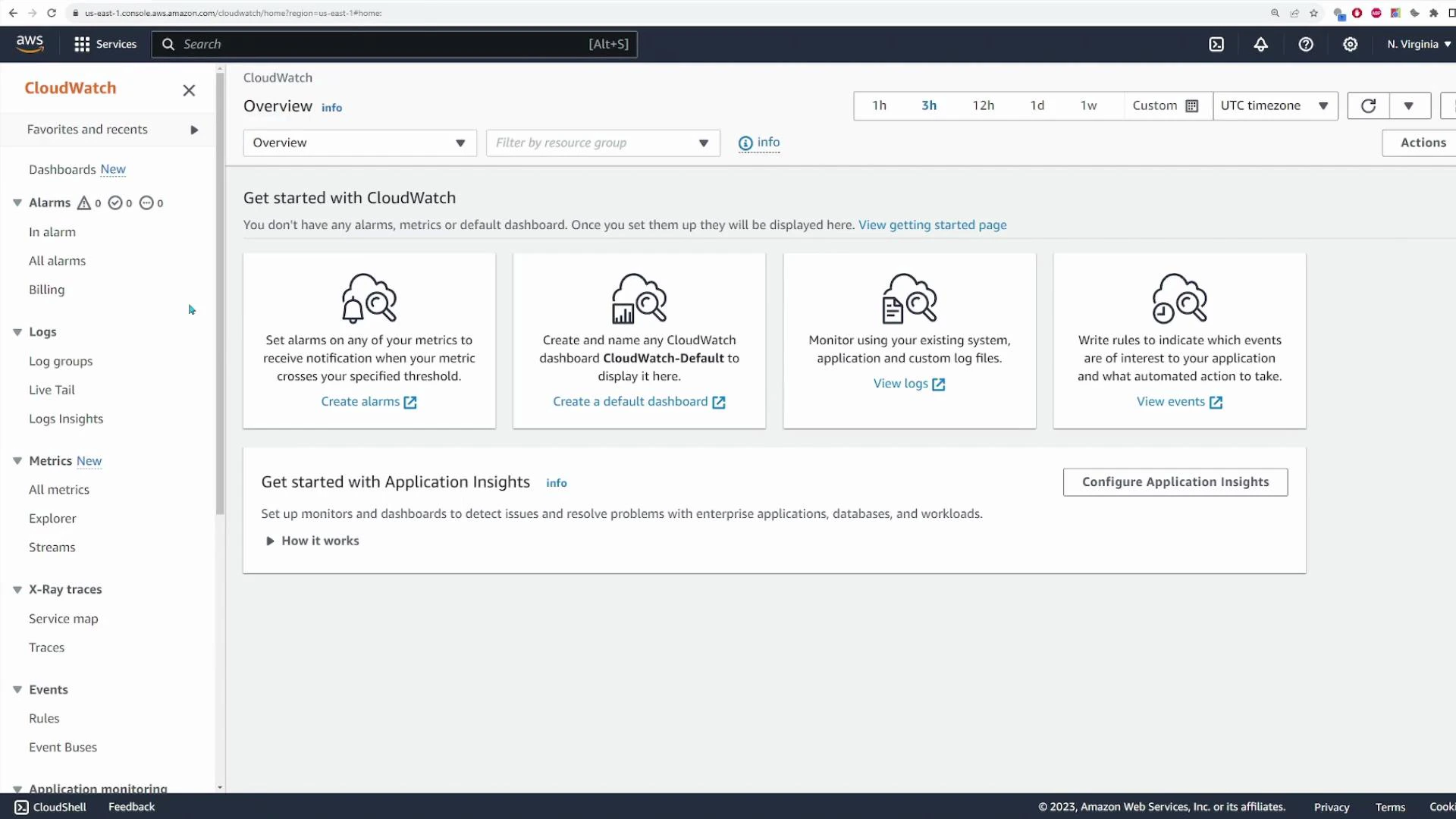 A screenshot of the AWS CloudWatch web console showing the Overview page. It displays panels for creating alarms, dashboards and logs, with a left-hand navigation menu listing Alarms, Logs, Metrics, X‑Ray traces, and Events.