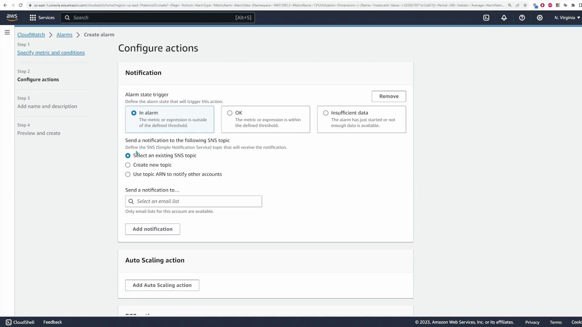 A screenshot of the AWS CloudWatch "Create alarm" — Configure actions page showing notification settings and an Auto Scaling action section. It displays radio buttons for alarm state triggers ("In alarm", "OK", "Insufficient data") and options to select or create an SNS topic and add a notification.