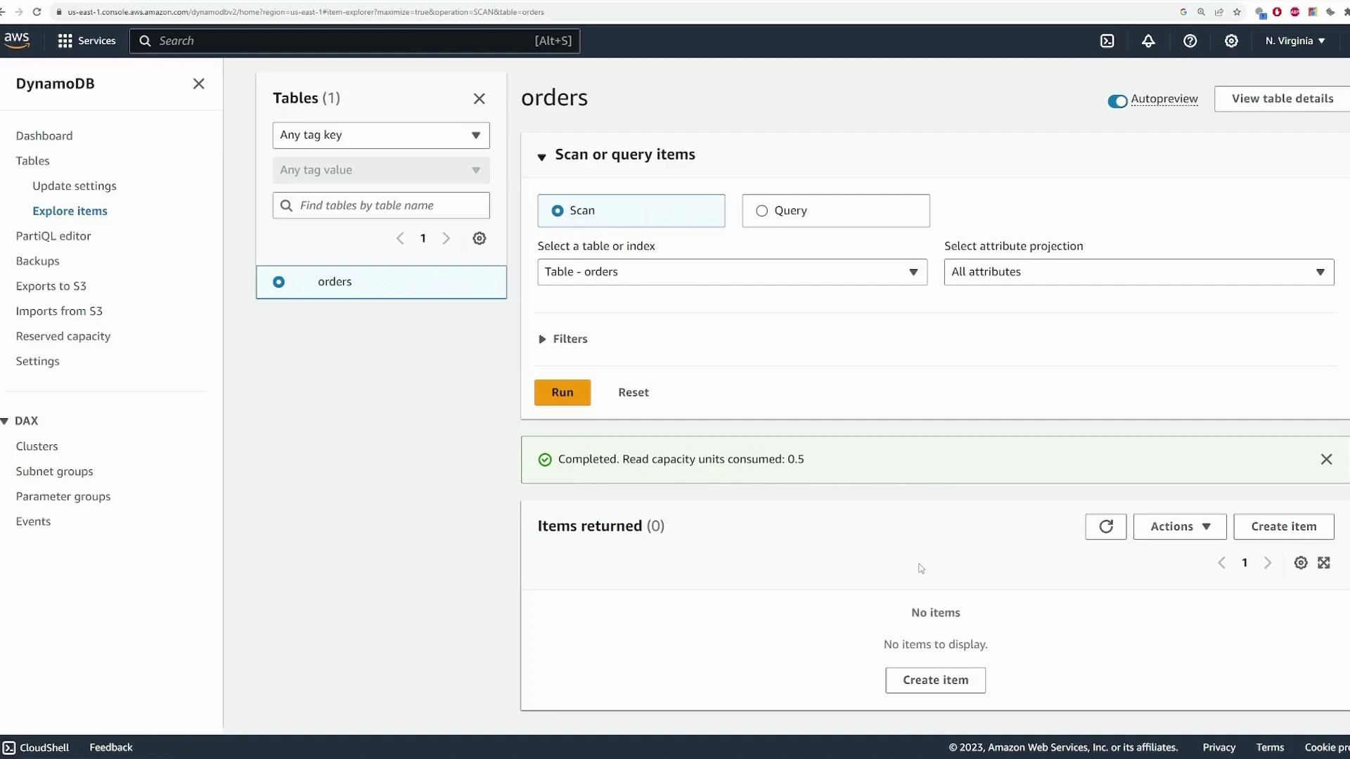A screenshot of the AWS DynamoDB console showing the "orders" table in the Explore items view with a Scan selected. The scan completed (0.5 read units) and returned no items.