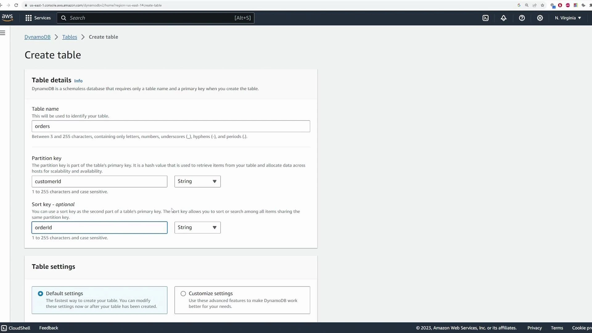 A screenshot of the AWS DynamoDB "Create table" console showing form fields to create a table named "orders". The partition key is set to customerId (String) and the optional sort key is orderId (String), with default table settings selected.