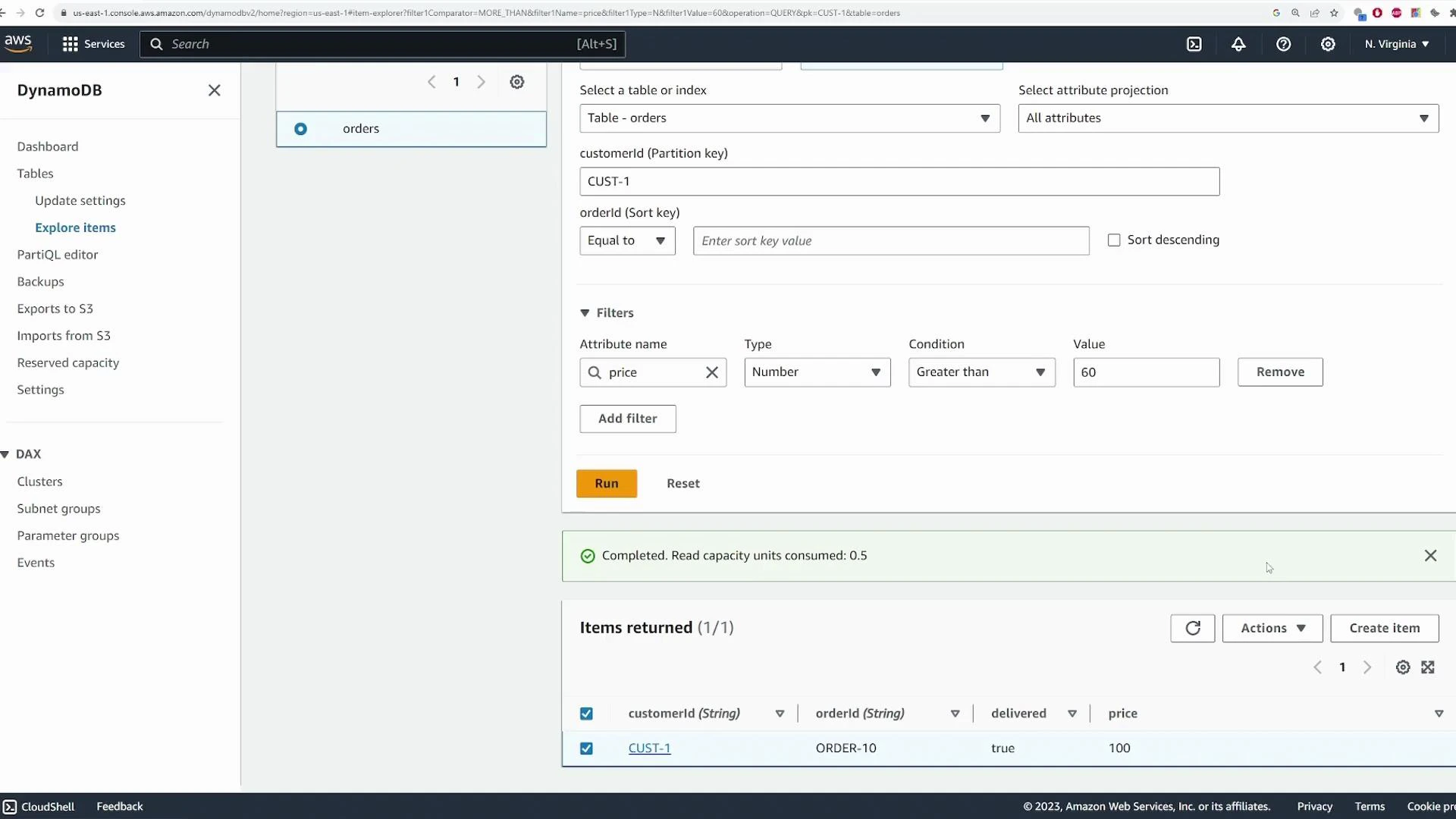 A screenshot of the AWS DynamoDB console showing the "Explore items" view for the "orders" table with customerId set to CUST-1 and a filter for price > 60. The query returned one item (orderId ORDER-10) marked delivered with price 100.