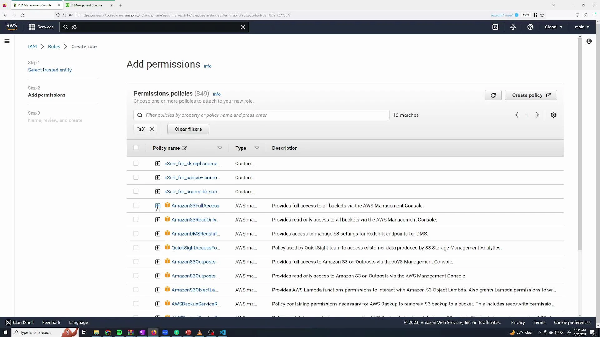 A screenshot of the AWS IAM Management Console on the "Add permissions" step, showing a filtered list of S3-related permission policies. The list includes entries like AmazonS3FullAccess and AmazonS3ReadOnly with descriptions and checkboxes for selection.