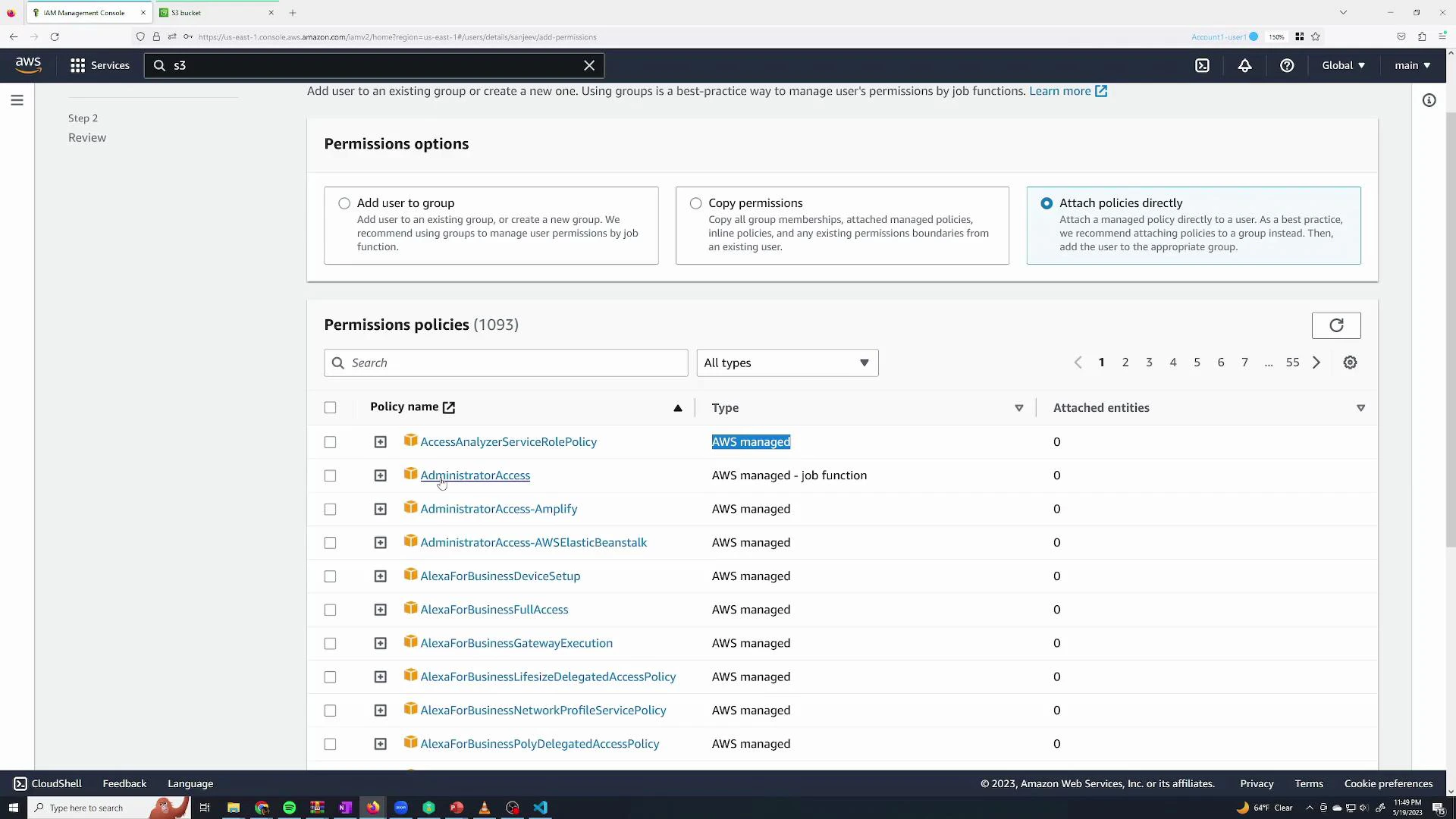 Screenshot of the AWS IAM Management Console on the "Add user" permissions step, showing options to add/copy/attach policies and a searchable list of AWS-managed permission policies (e.g., AdministratorAccess).