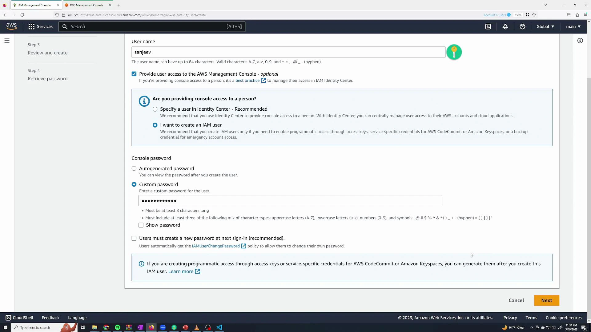 A screenshot of the AWS IAM Management Console showing the "Create user" page with the username "sanjeev" entered. The page displays options for providing console access, choosing a custom password, and related password settings.