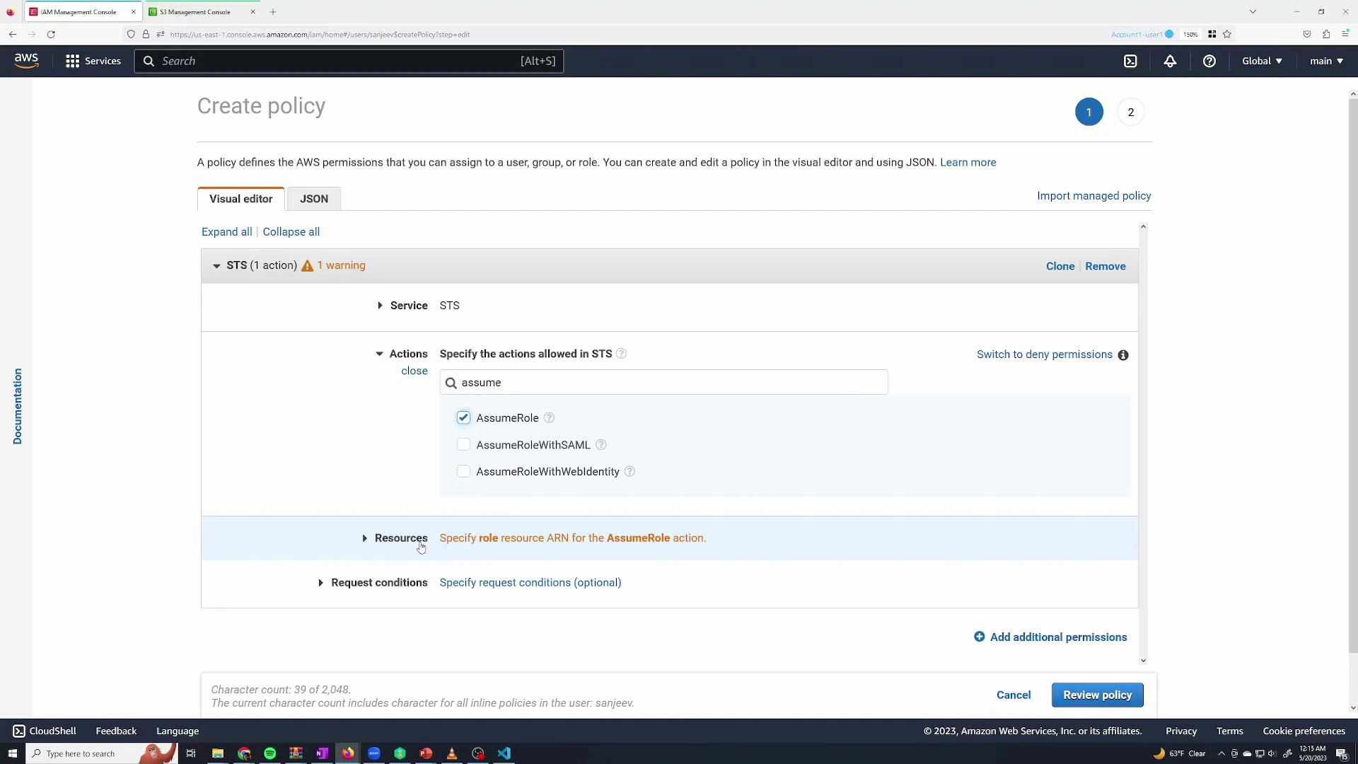 A screenshot of the AWS Management Console showing the IAM "Create policy" visual editor with the STS service selected and the AssumeRole action checked. The interface highlights that you must specify the role resource ARN and optional request conditions.