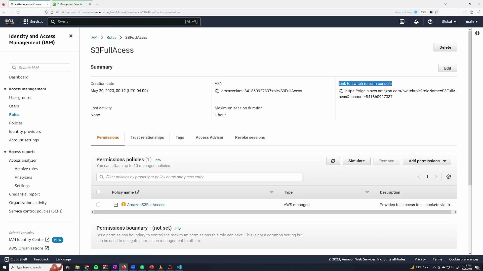 A screenshot of the AWS Identity and Access Management (IAM) console showing details for an IAM role named "S3FullAccess." It displays the role's ARN, creation date, maximum session duration, and the attached AmazonS3FullAccess permission policy.