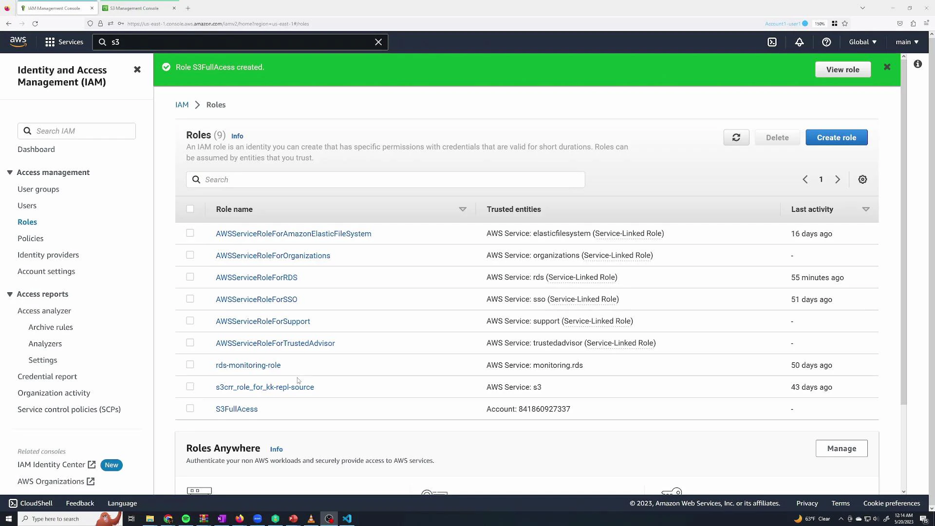 A screenshot of the AWS Identity and Access Management (IAM) console on the Roles page, showing a list of IAM roles (e.g., AWSServiceRoleForRDS, rds-monitoring-role, S3FullAccess) and their trusted entities. A green success banner at the top reads "Role S3FullAccess created."