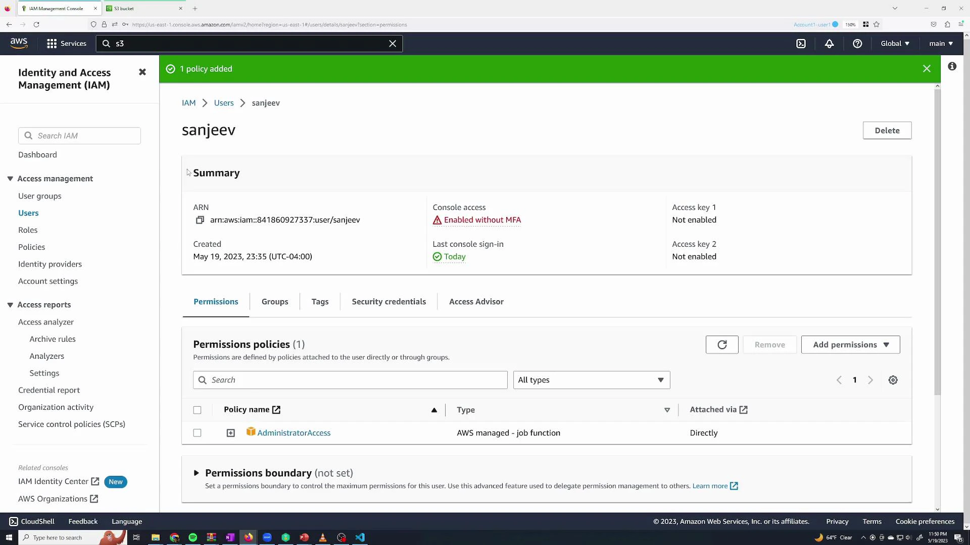 A screenshot of the AWS Identity and Access Management (IAM) console showing the user "sanjeev" with console access enabled (without MFA) and an AdministratorAccess permissions policy attached. The left pane shows IAM navigation and the main pane shows user summary and permissions.