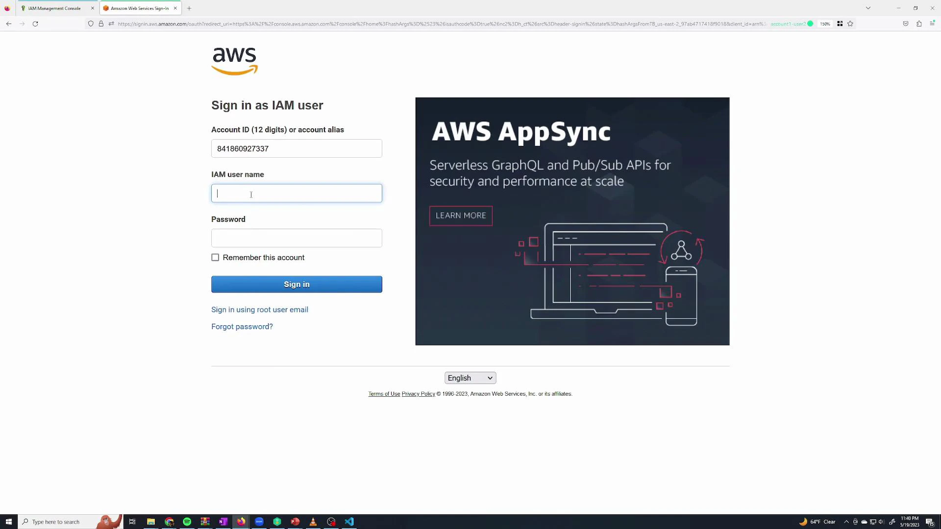 A screenshot of the AWS sign-in page for an IAM user, showing fields for account ID, IAM user name, and password on the left. On the right is a promotional panel for "AWS AppSync" describing serverless GraphQL and pub/sub APIs.