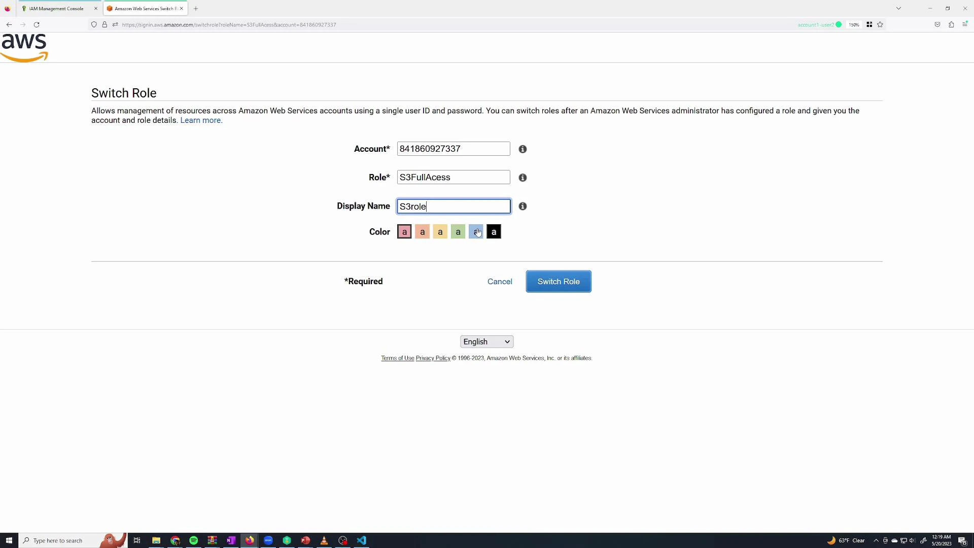 A browser window showing the AWS "Switch Role" page with fields for Account, Role (S3FullAccess), and a Display Name set to "S3role", plus color options and a "Switch Role" button. The page is inside a desktop screen with taskbar icons visible at the bottom.
