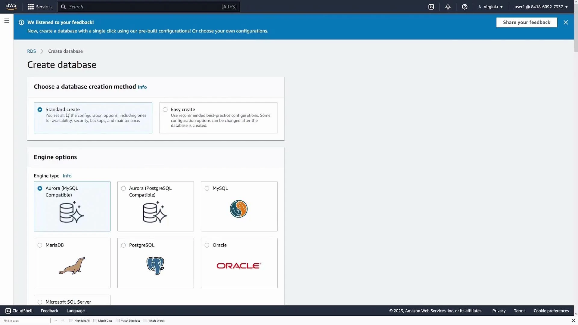 A screenshot of the AWS Management Console showing the RDS "Create database" page with options to choose a creation method (Standard or Easy) and engine type. The lower section displays selectable database engines (Aurora, MySQL, MariaDB, PostgreSQL, Oracle, etc.) with icons and radio buttons.