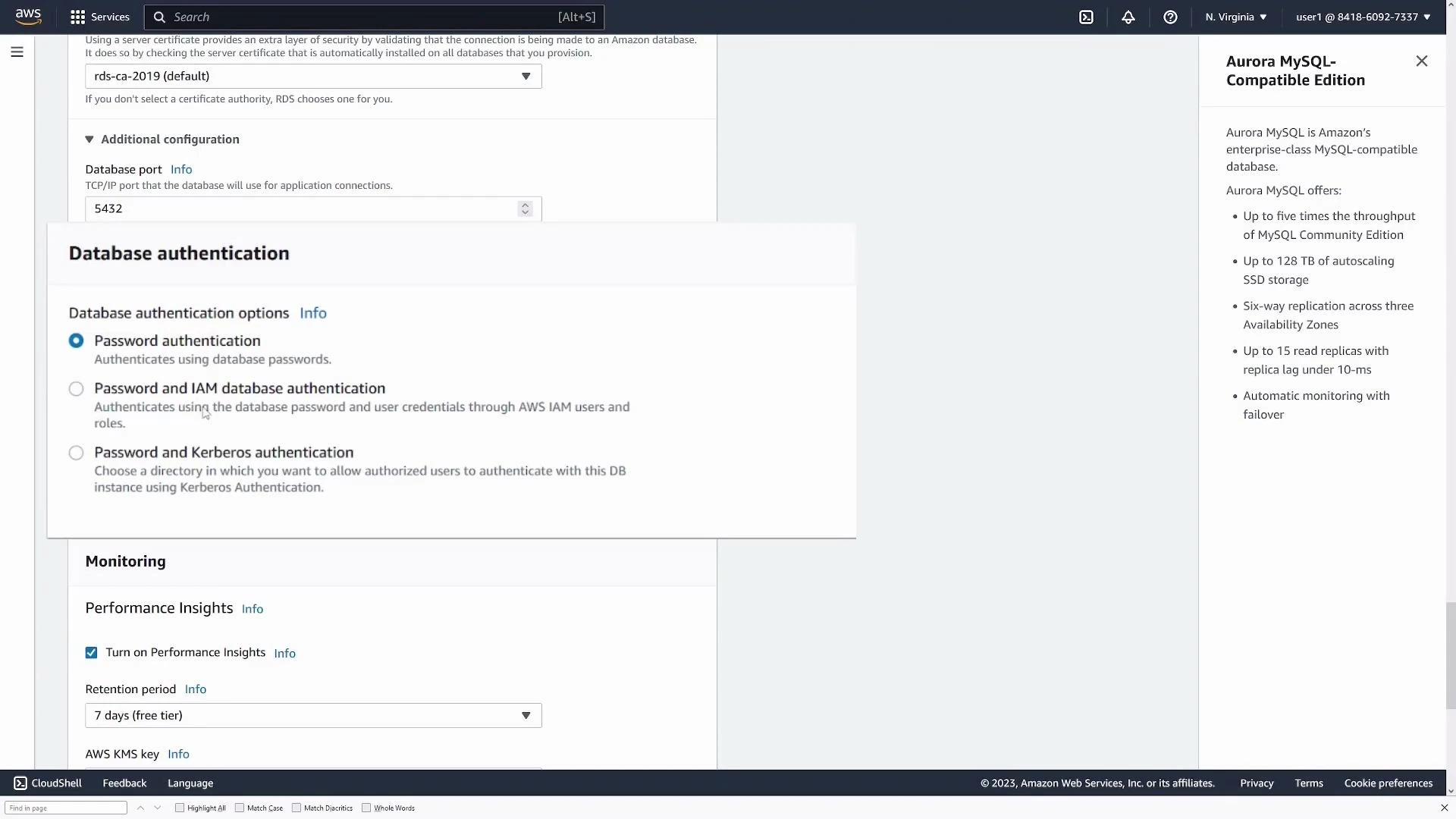 A screenshot of the AWS RDS console showing a "Database authentication" dialog with options for Password authentication, Password and IAM database authentication, and Password and Kerberos authentication, with Monitoring/Performance Insights settings visible below. The right sidebar lists features of the Aurora MySQL–Compatible Edition.