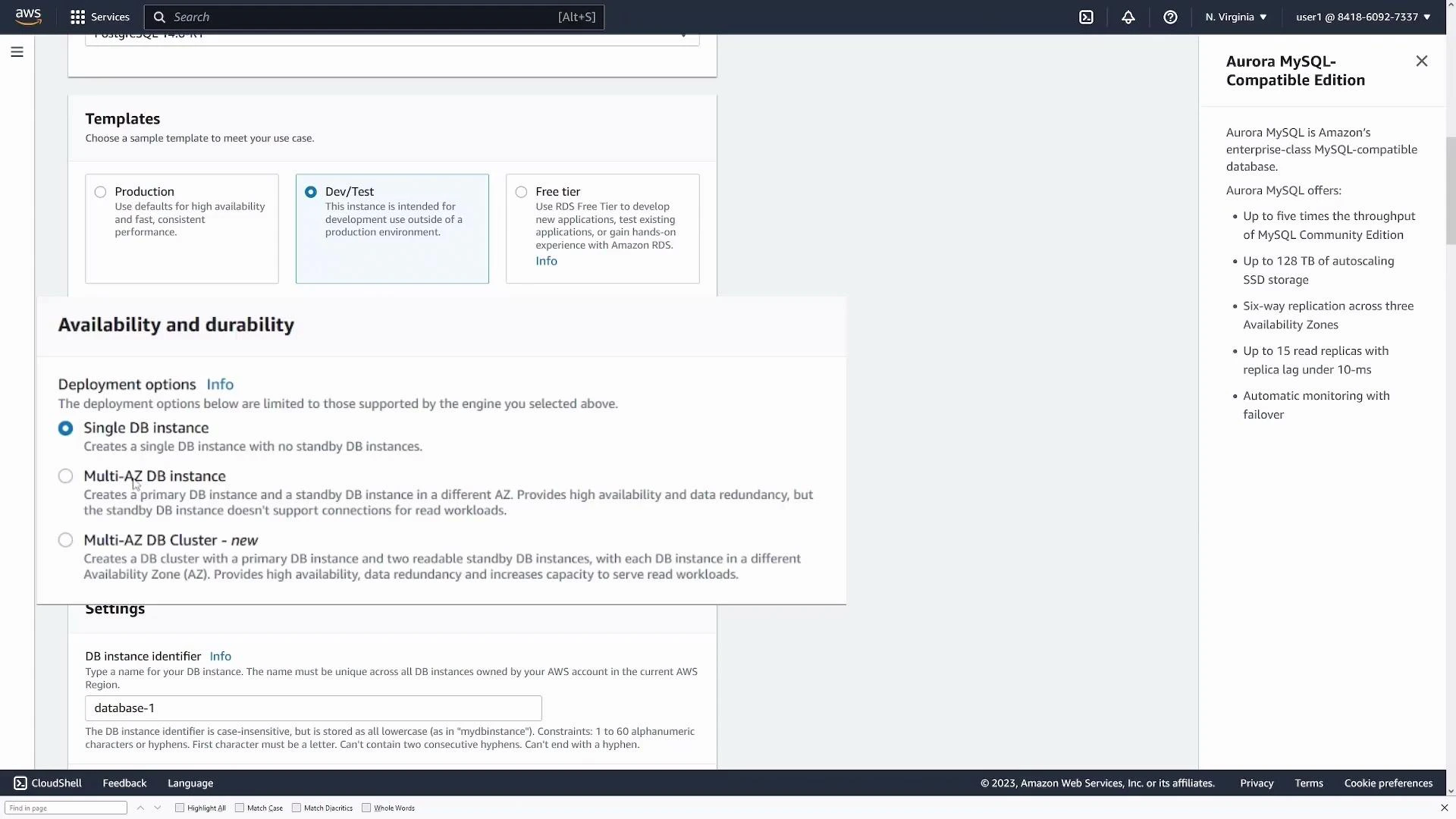A screenshot of the AWS RDS setup page showing the "Templates" section with "Dev/Test" selected and the "Availability and durability" options where "Single DB instance" is chosen. The page also shows a DB instance identifier set to "database-1" and a right-hand panel describing Aurora MySQL.