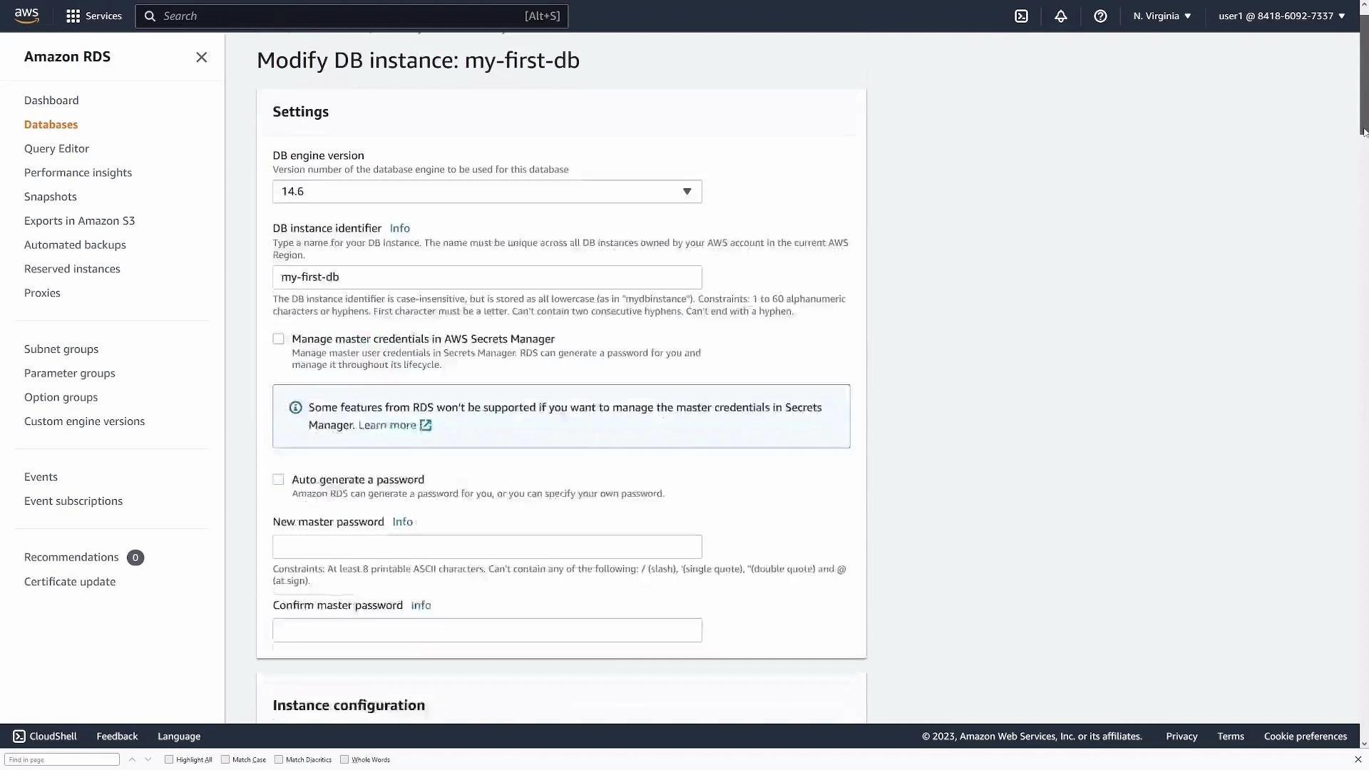 Screenshot of the AWS Amazon RDS console on the "Modify DB instance: my-first-db" page, showing settings like DB engine version, instance identifier, and master password options. The left sidebar displays RDS navigation items (Databases, Snapshots, Automated backups, etc.).