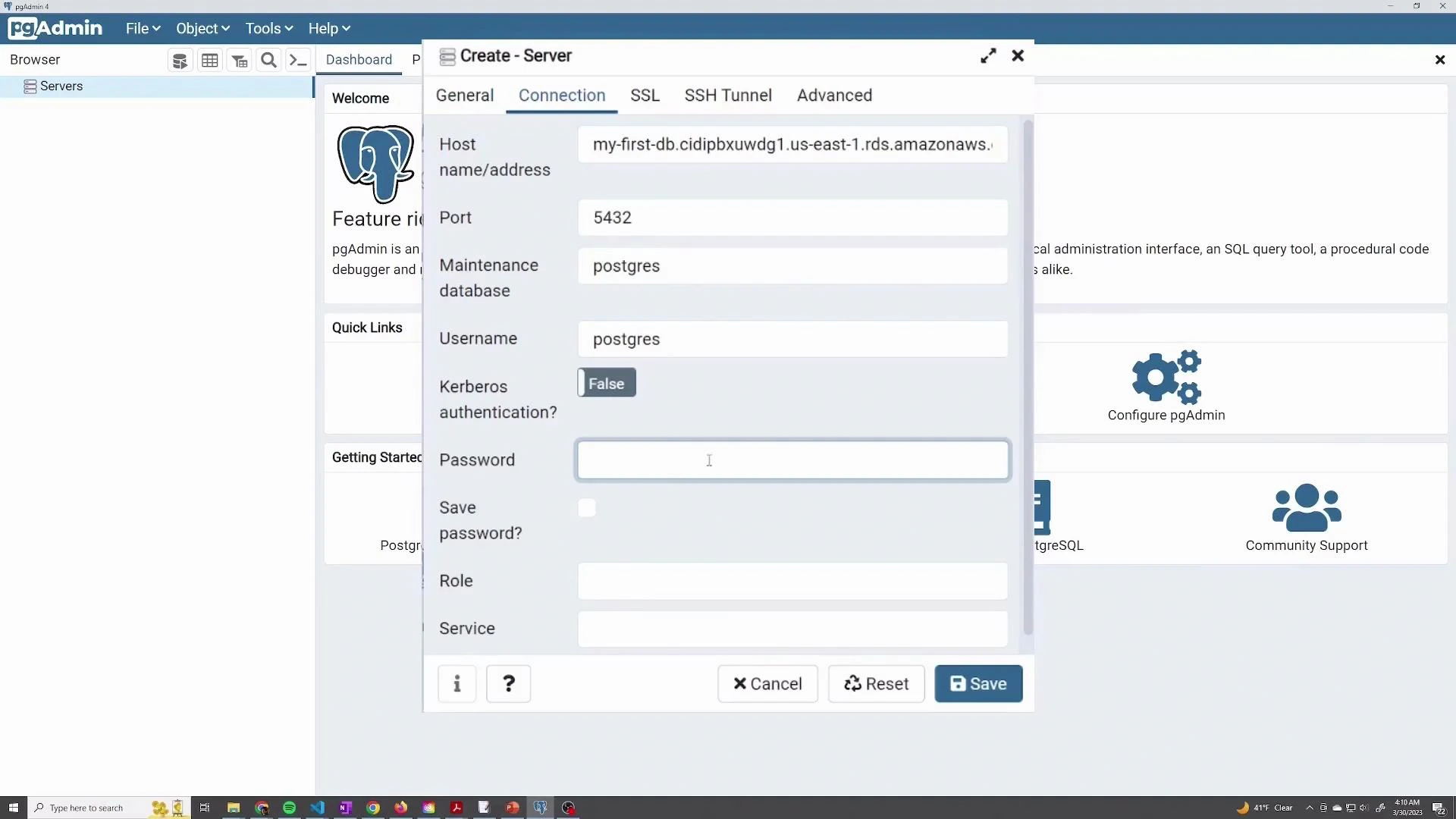 A screenshot of the pgAdmin application showing the "Create - Server" dialog on the Connection tab. It displays fields for host name/address, port (5432), maintenance database, username (postgres) and a password entry for connecting to a PostgreSQL server.