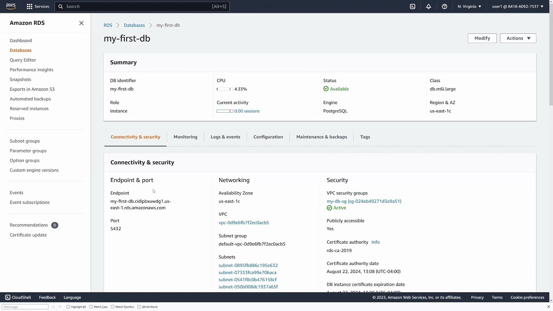 A screenshot of the Amazon RDS console showing details for a database named "my-first-db," including a summary (CPU, status, engine) and the Connectivity & security, Monitoring, and Configuration tabs. The Connectivity & security panel lists the DB endpoint, port (5432), VPC/subnet info, and security group settings.