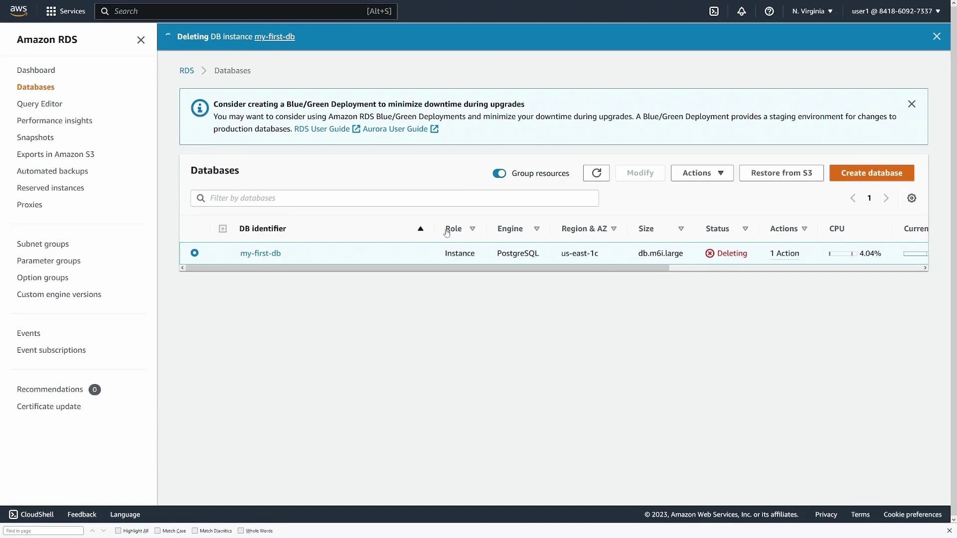 A screenshot of the Amazon RDS console showing the Databases page. It lists a PostgreSQL instance named "my-first-db" with the status "Deleting."