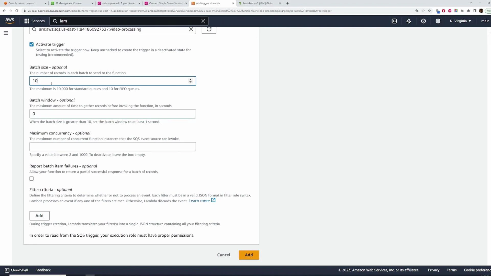 A screenshot of the AWS Lambda console showing the "Add trigger" panel for an SQS event source. Visible options include "Activate trigger", Batch size (set to 10), Batch window, Maximum concurrency, filter criteria, and Cancel/Add buttons.