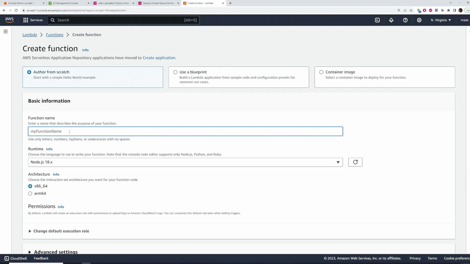 A screenshot of the AWS Lambda "Create function" console showing the "Author from scratch" option and fields for Function name (filled with "myFunctionName"), Runtime set to Node.js 18.x, and Architecture x86_64. The page also shows options for using a blueprint or container image and sections for permissions and advanced settings.
