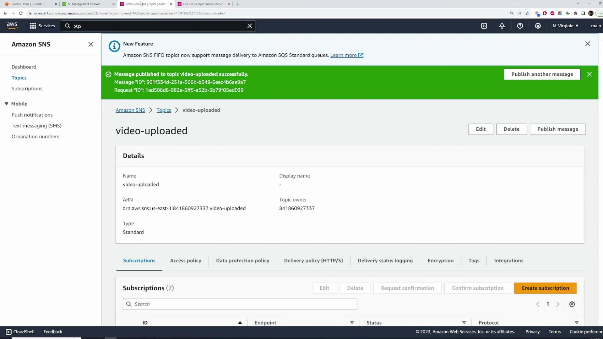 A screenshot of the AWS Management Console showing the Amazon SNS topic page for "video-uploaded." A green banner reports a message was published successfully, and the page displays the topic ARN, details, and subscription controls.