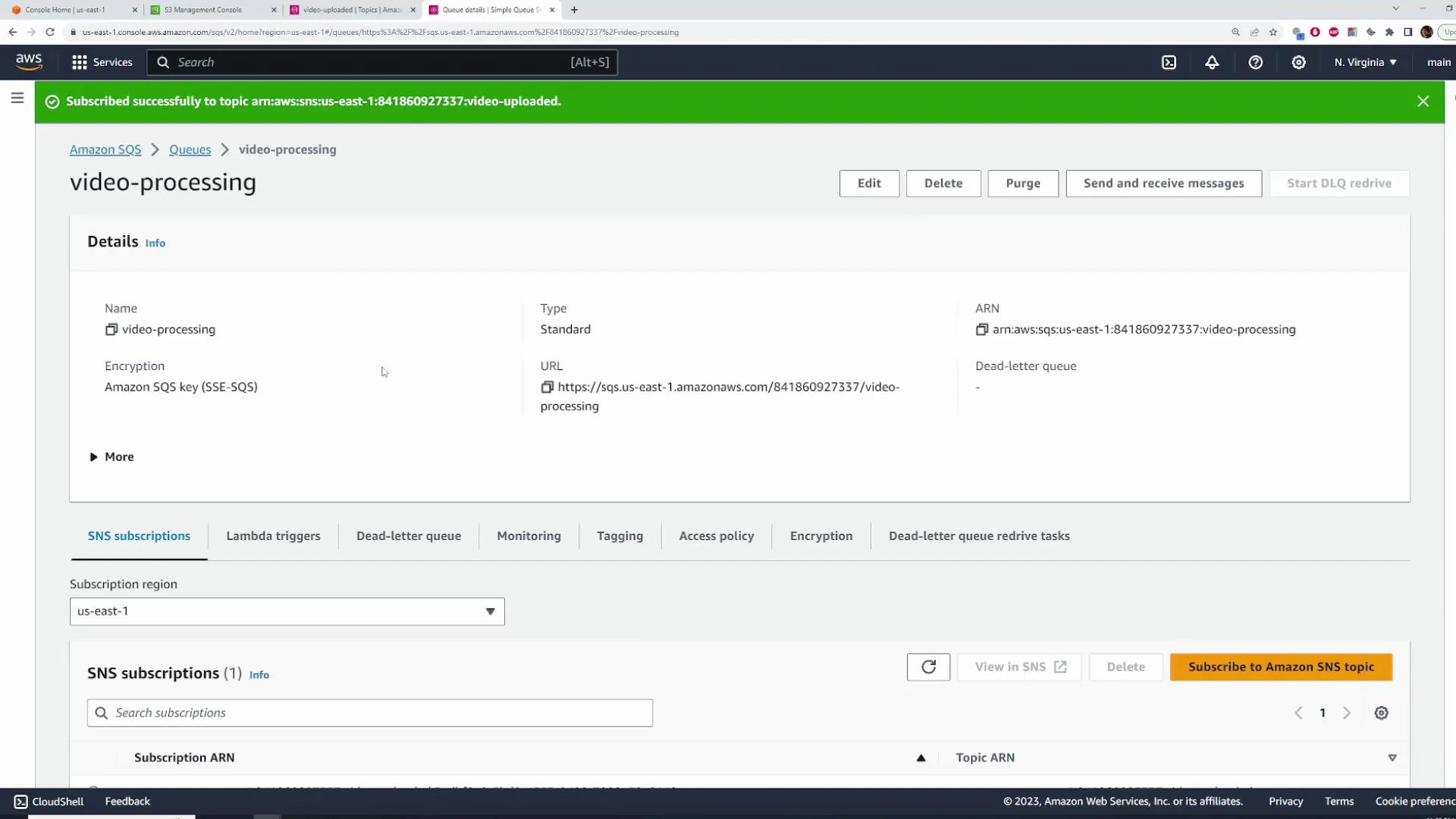A screenshot of the AWS Management Console showing the Amazon SQS queue named "video-processing." The page displays queue details (ARN, URL, encryption), SNS subscriptions, and action buttons like Edit, Delete, Purge, and Send and receive messages.