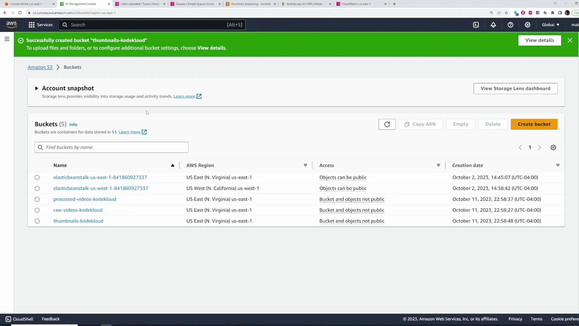A screenshot of the Amazon S3 Management Console showing a list of five S3 buckets (including names like processed-videos-kodekloud and thumbnails-kodekloud) with columns for region, access, and creation date. A green banner at the top confirms the bucket "thumbnails-kodekloud" was successfully created.