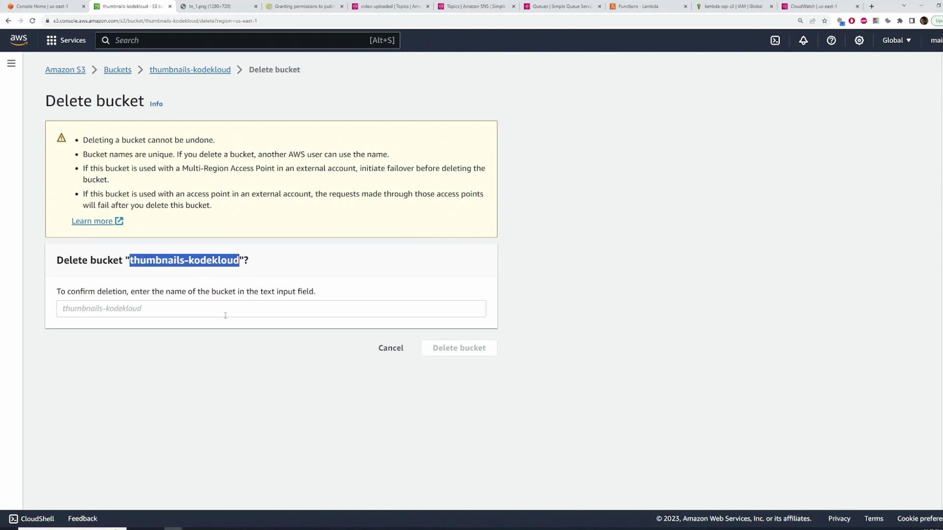 A screenshot of the AWS S3 console showing a "Delete bucket" confirmation for the bucket named "thumbnails-kodekloud." It displays warnings that deletion cannot be undone and a text field to enter the bucket name to confirm deletion.