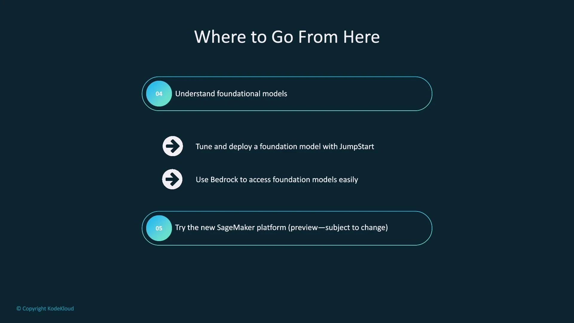A dark presentation slide titled "Where to Go From Here" listing next steps for working with foundational models. It mentions understanding foundational models, tuning/deploying with JumpStart, using Bedrock, and trying the new SageMaker platform.