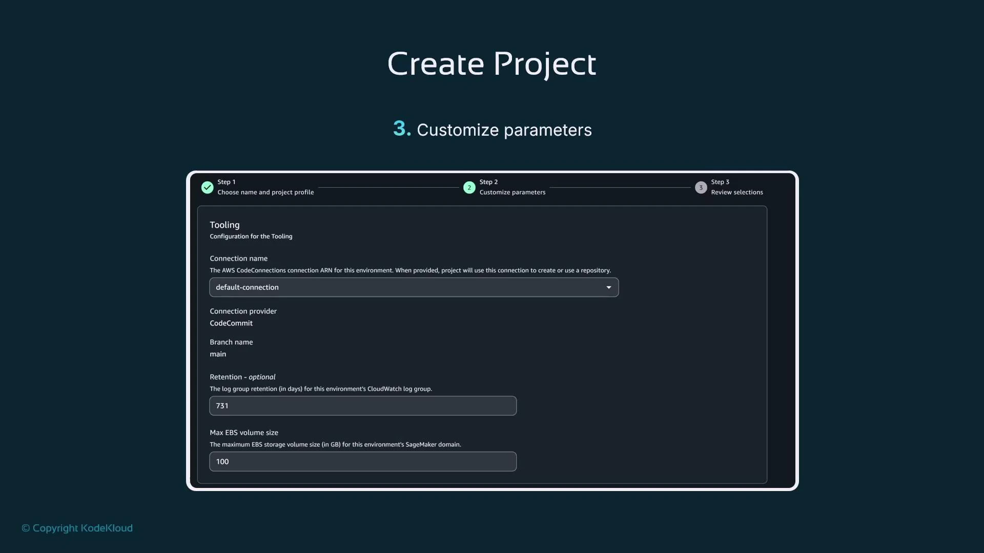 A dark-themed "Create Project" UI screen showing Step 3: "Customize parameters" with a "Tooling" form containing fields like connection name (default-connection), provider (CodeCommit), branch "main", retention 731 and max EBS 100. The form is displayed inside a rounded, highlighted panel on a teal background.