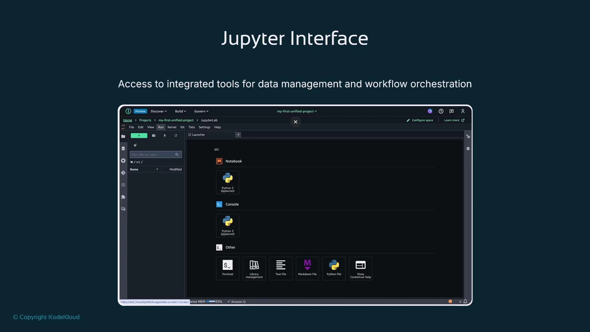 A dark-themed screenshot of the Jupyter interface (JupyterLab) showing a launcher with options for Notebook, Console, Terminal, and various file types. The header reads "Jupyter Interface" with the subtext "Access to integrated tools for data management and workflow orchestration."