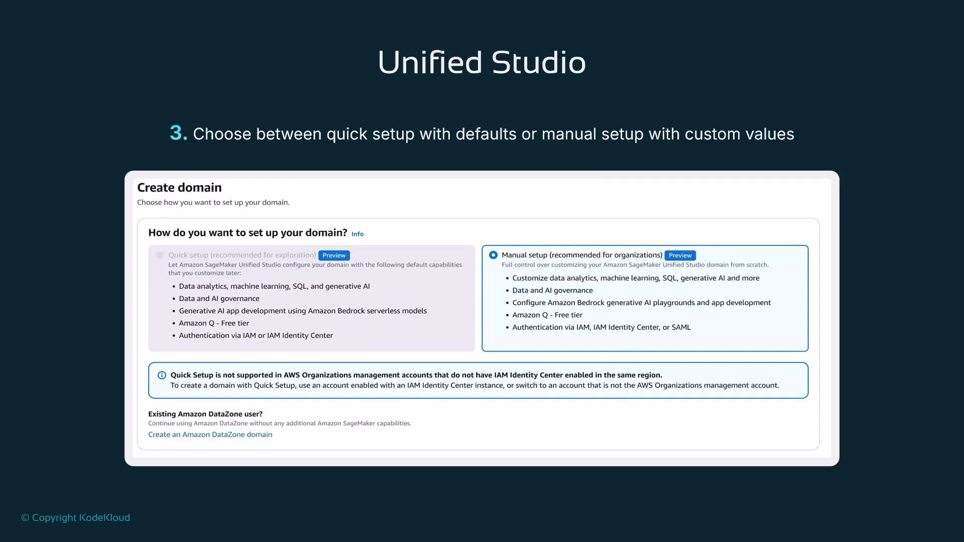 A slide titled "Unified Studio" showing step 3 with a screenshot of the AWS "Create domain" page where you choose between a quick setup (defaults) or a manual setup (custom values) for Amazon SageMaker Unified Studio. The screenshot lists capabilities like data analytics, machine learning, generative AI, and authentication options.