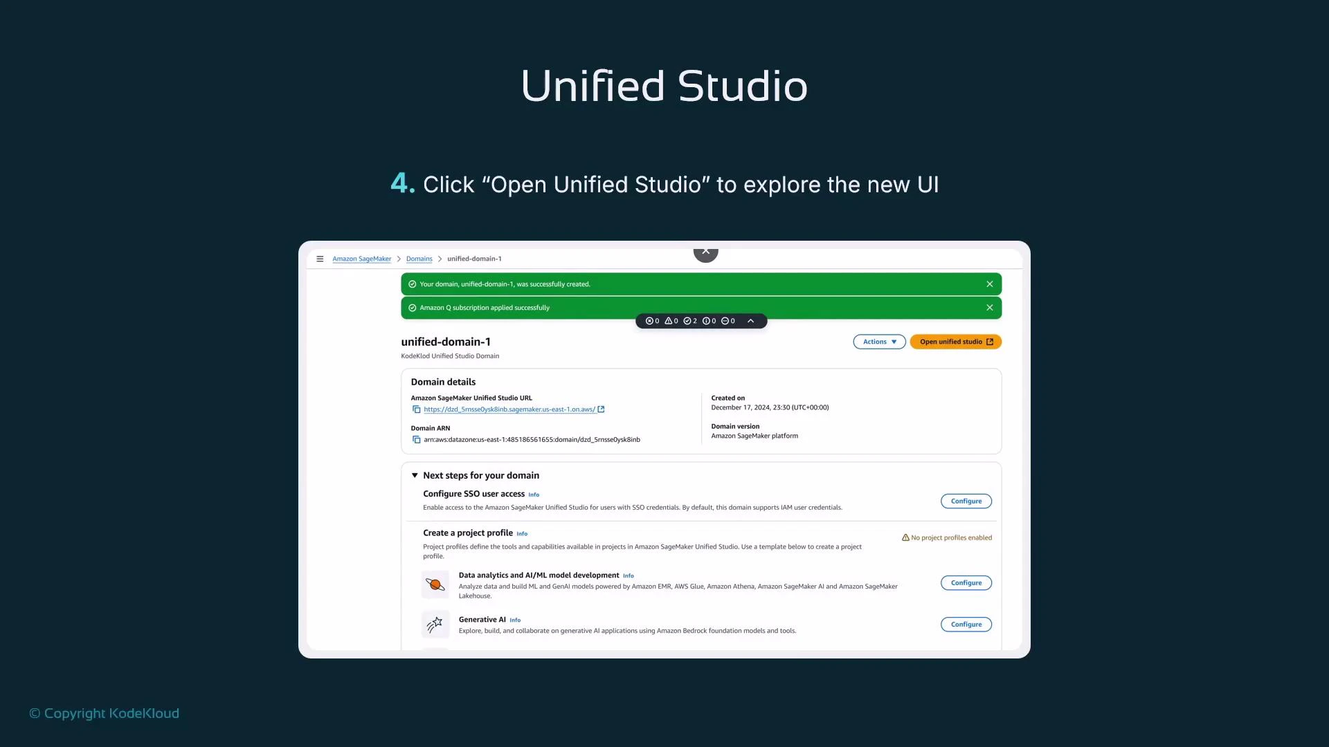 A presentation slide titled "Unified Studio" showing a screenshot of an Amazon SageMaker Unified Studio domain details page with green success banners and an "Open unified studio" button. The slide instructs the user to click "Open Unified Studio" to explore the new UI.