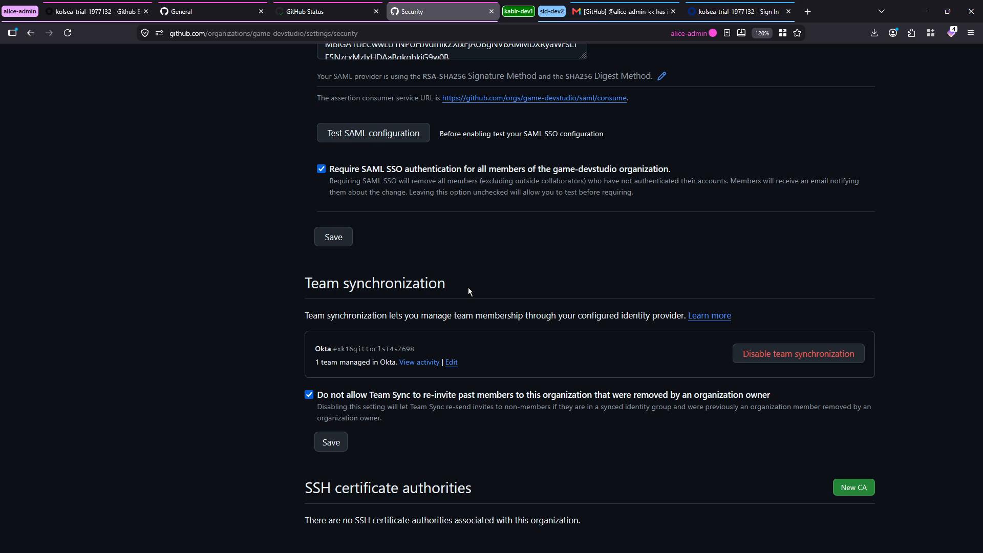 Dark-mode screenshot of a GitHub organization's security settings page. It shows SAML SSO configuration (with "Require SAML SSO" checked), team synchronization controls, and an SSH certificate authorities section.