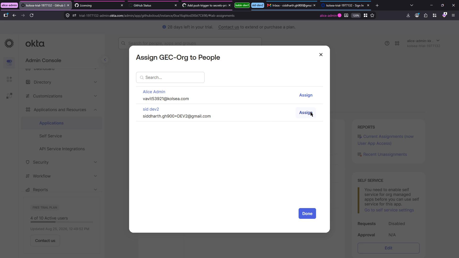 A screenshot of the Okta Admin Console with a modal titled "Assign GEC-Org to People" showing a search box and a list of users with "Assign" buttons. The background shows the admin navigation and dashboard.