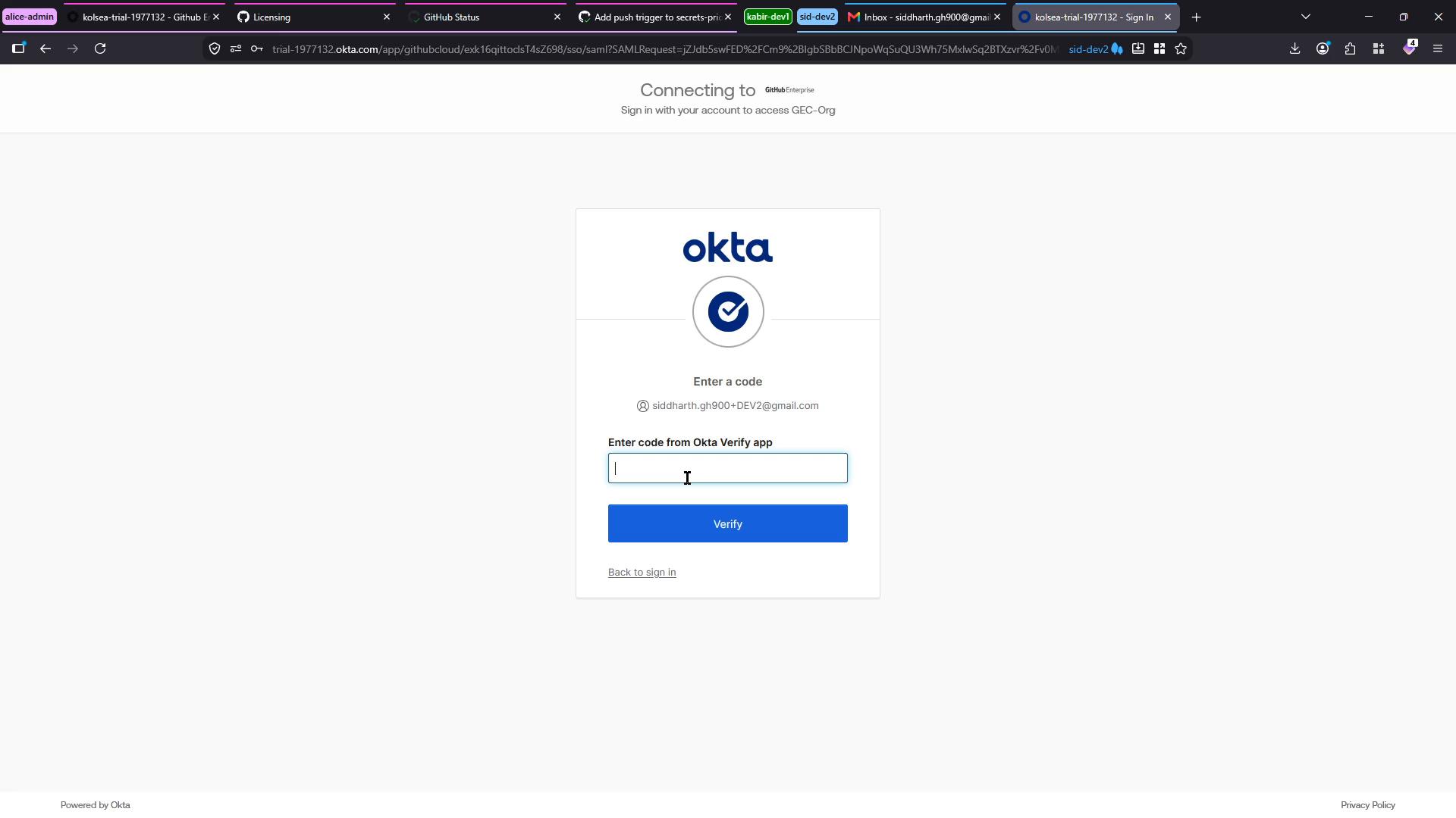 A web screenshot of an Okta multi-factor authentication page prompting the user to enter a code from the Okta Verify app. The header shows it's connecting to a GitHub Enterprise account.