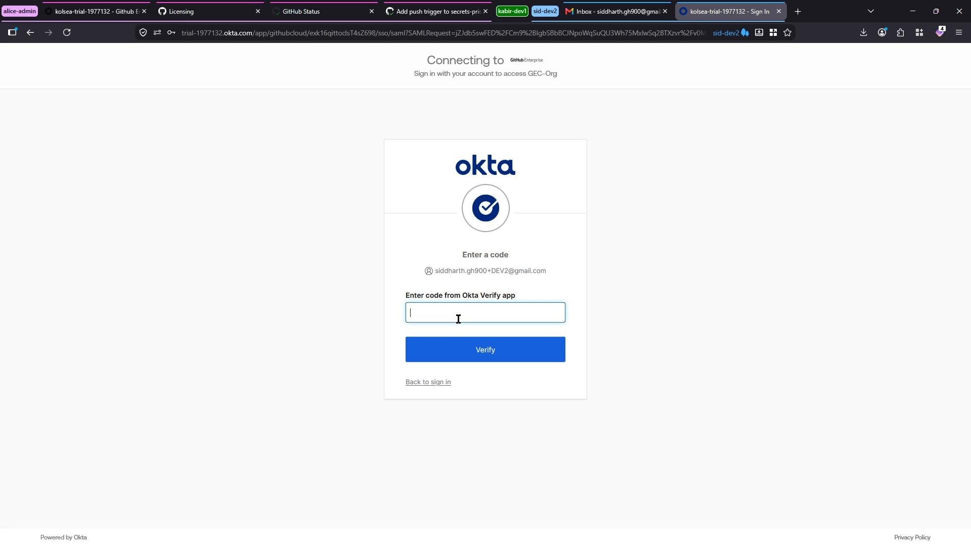 A web screenshot of an Okta multi-factor authentication page prompting the user to enter a code from the Okta Verify app. The header shows it's connecting to a GitHub Enterprise account.
