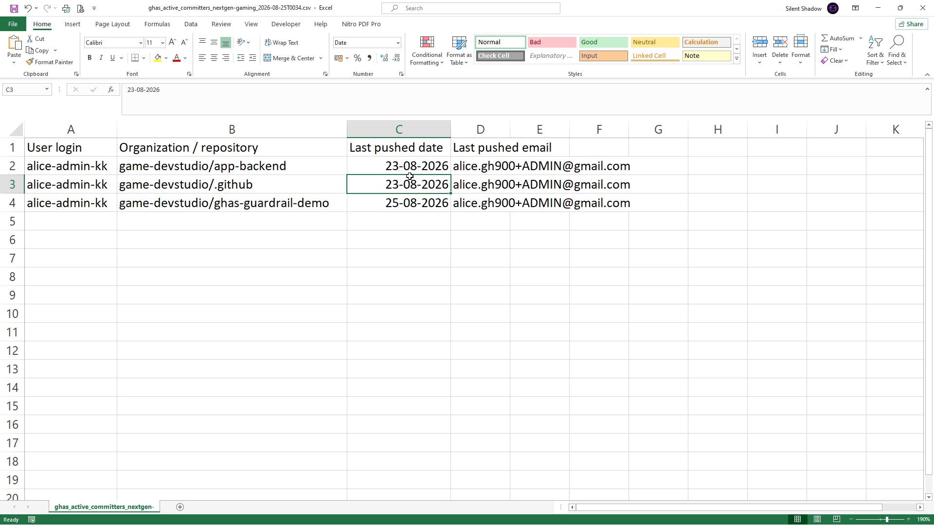 A Microsoft Excel sheet showing user logins, organization/repository names, last pushed dates, and last-pushed email addresses. The rows list "alice-admin-kk" with repos like game-devstudio/app-backend and dates such as 23-08-2026 and 25-08-2026.
