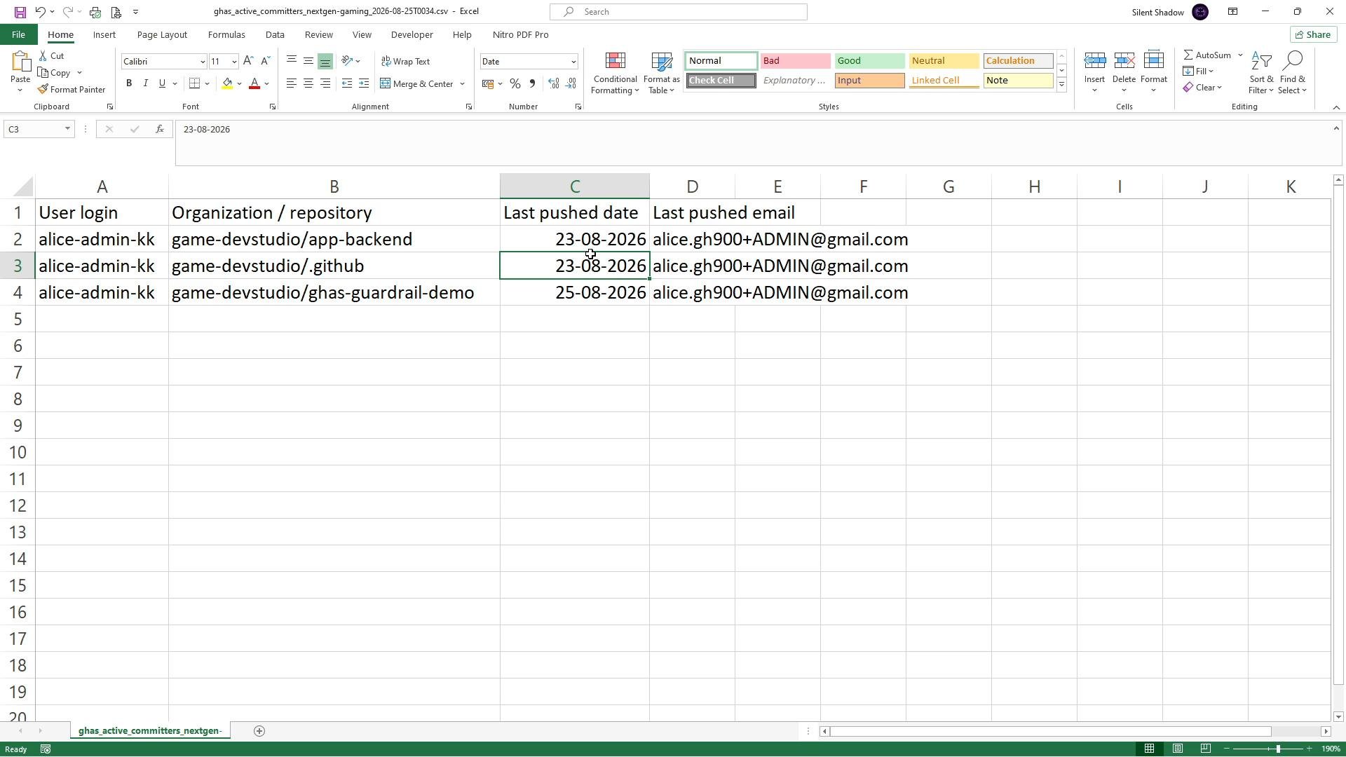 A Microsoft Excel sheet showing user logins, organization/repository names, last pushed dates, and last-pushed email addresses. The rows list "alice-admin-kk" with repos like game-devstudio/app-backend and dates such as 23-08-2026 and 25-08-2026.