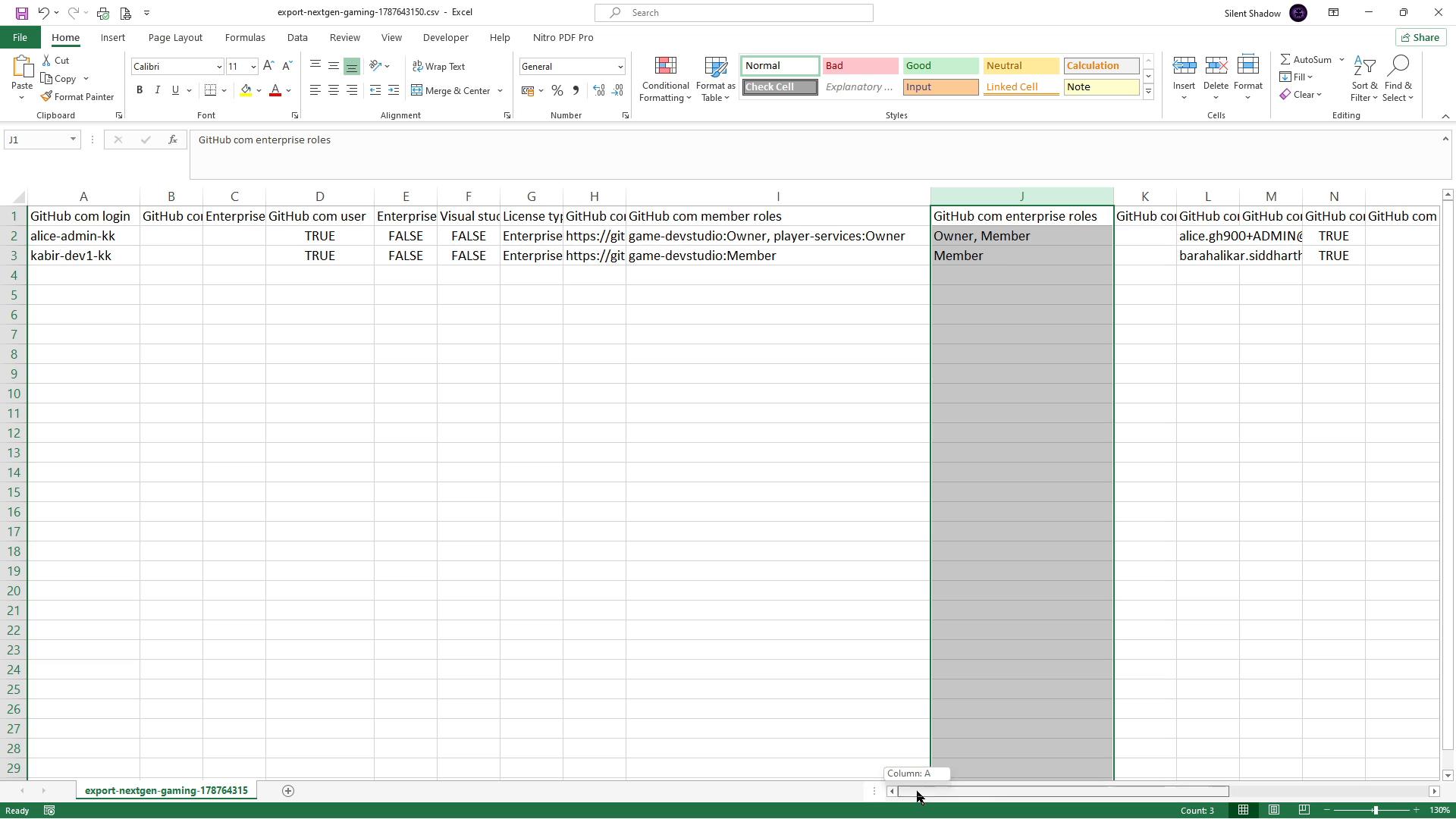 A screenshot of an Excel spreadsheet showing a CSV export of GitHub user and enterprise data with columns like "GitHub.com login", "Enterprise", "License type" and "GitHub.com enterprise roles." Two user rows (alice-admin-kk and kabir-dev1-kk) are visible and a column is selected/highlighted.