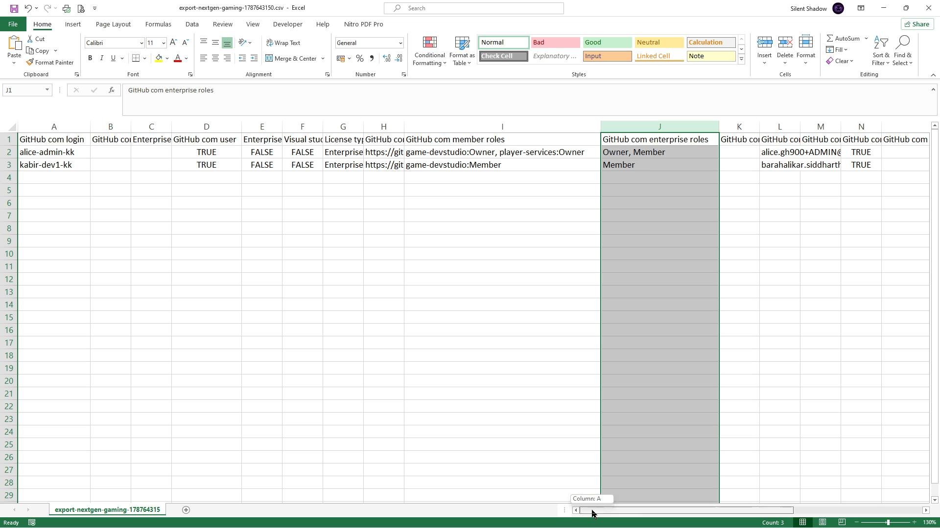 A screenshot of an Excel spreadsheet showing a CSV export of GitHub user and enterprise data with columns like "GitHub.com login", "Enterprise", "License type" and "GitHub.com enterprise roles." Two user rows (alice-admin-kk and kabir-dev1-kk) are visible and a column is selected/highlighted.