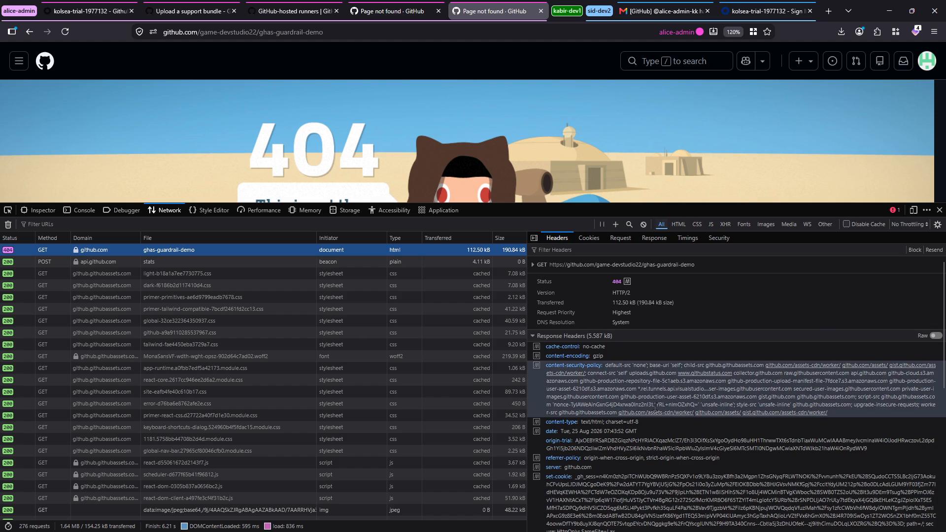 A screenshot of a web browser showing GitHub’s 404 error graphic across the top. The browser’s developer tools Network panel is open below, listing many requests with one highlighted 404 response.