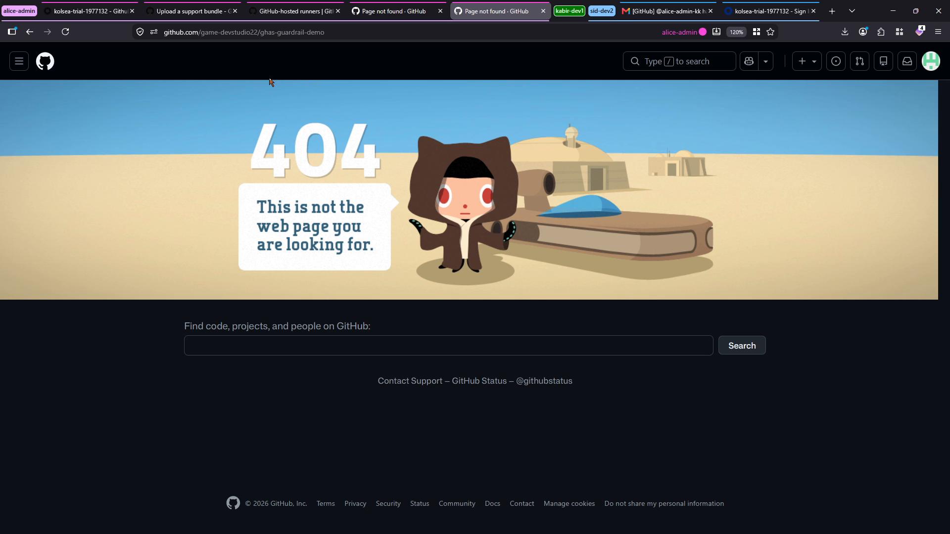 A screenshot of GitHub's 404 error page featuring the Octocat dressed as a desert character next to large "404" text and a speech bubble saying "This is not the web page you are looking for." The browser tabs and dark site footer are visible.