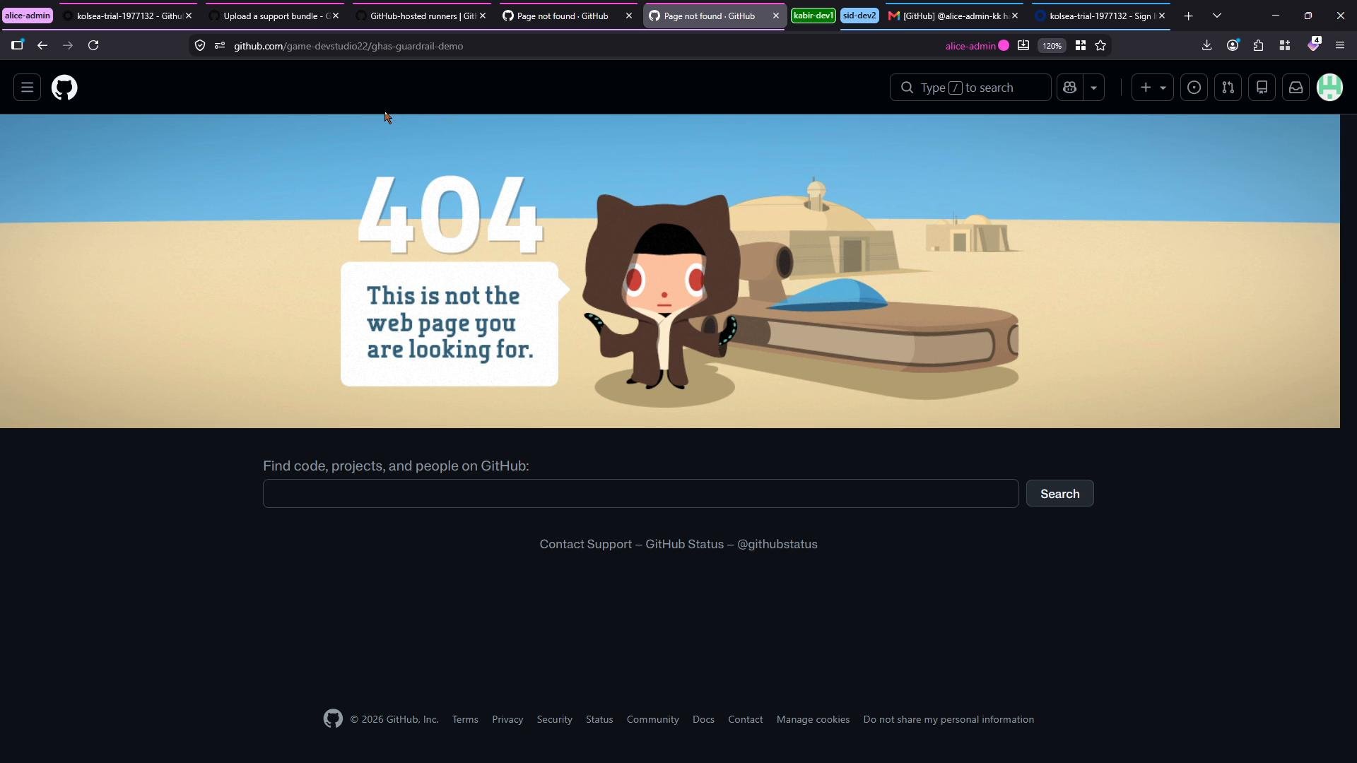 A screenshot of GitHub's 404 error page featuring the Octocat dressed as a desert character next to large "404" text and a speech bubble saying "This is not the web page you are looking for." The browser tabs and dark site footer are visible.