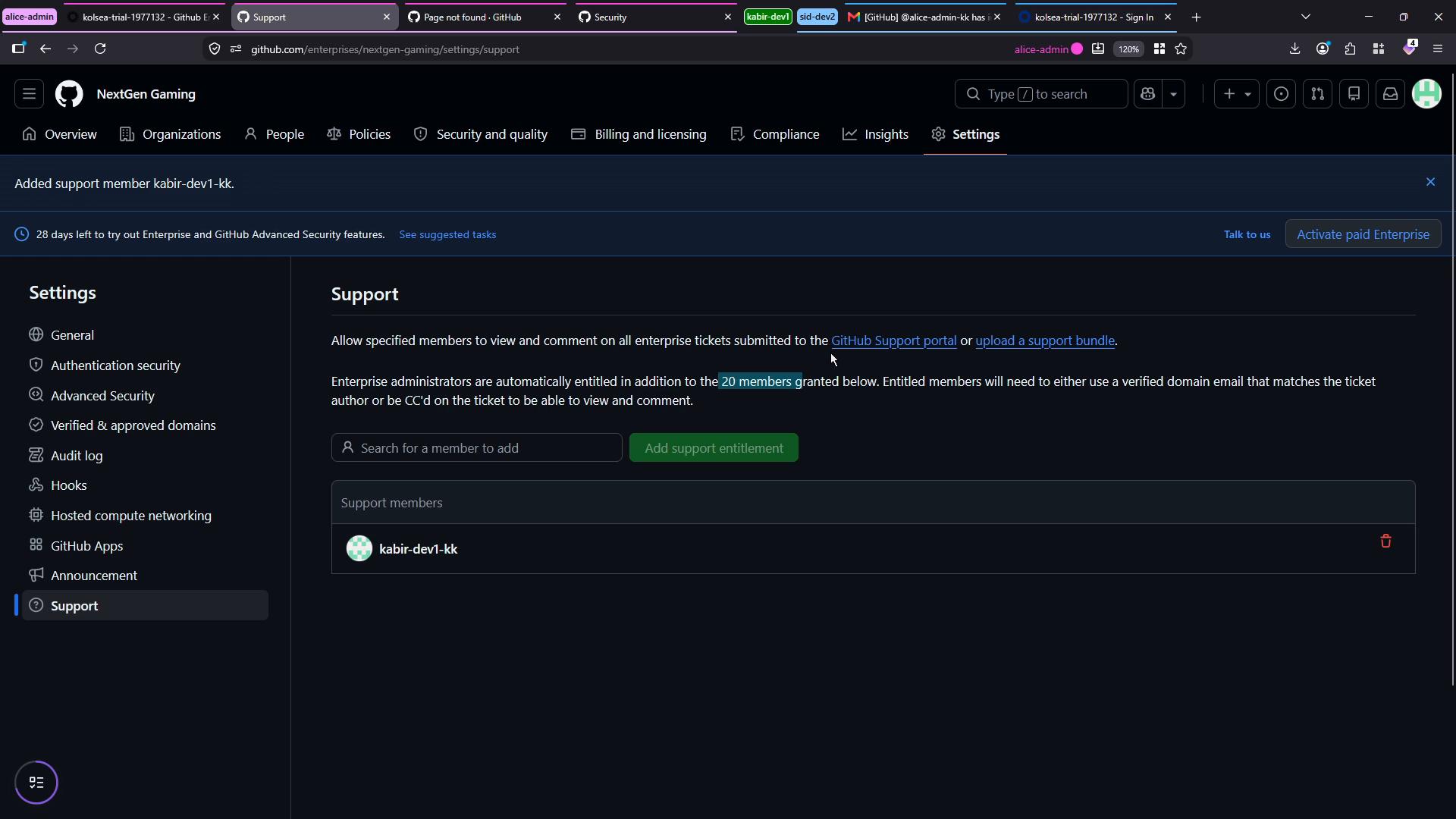 Screenshot of a GitHub Enterprise "NextGen Gaming" Settings page on the Support tab showing a support member (kabir-dev1-kk) added and instructions about entitled members and the GitHub Support portal. The left sidebar lists settings options like General, Authentication security, Advanced Security, and Support.