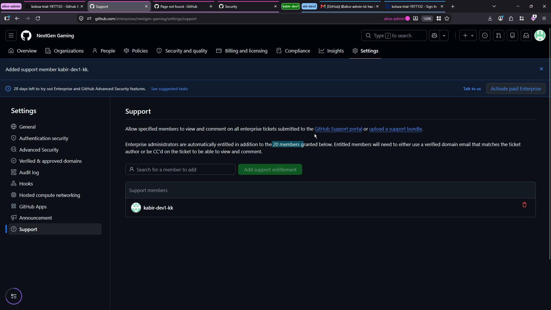 Screenshot of a GitHub Enterprise "NextGen Gaming" Settings page on the Support tab showing a support member (kabir-dev1-kk) added and instructions about entitled members and the GitHub Support portal. The left sidebar lists settings options like General, Authentication security, Advanced Security, and Support.